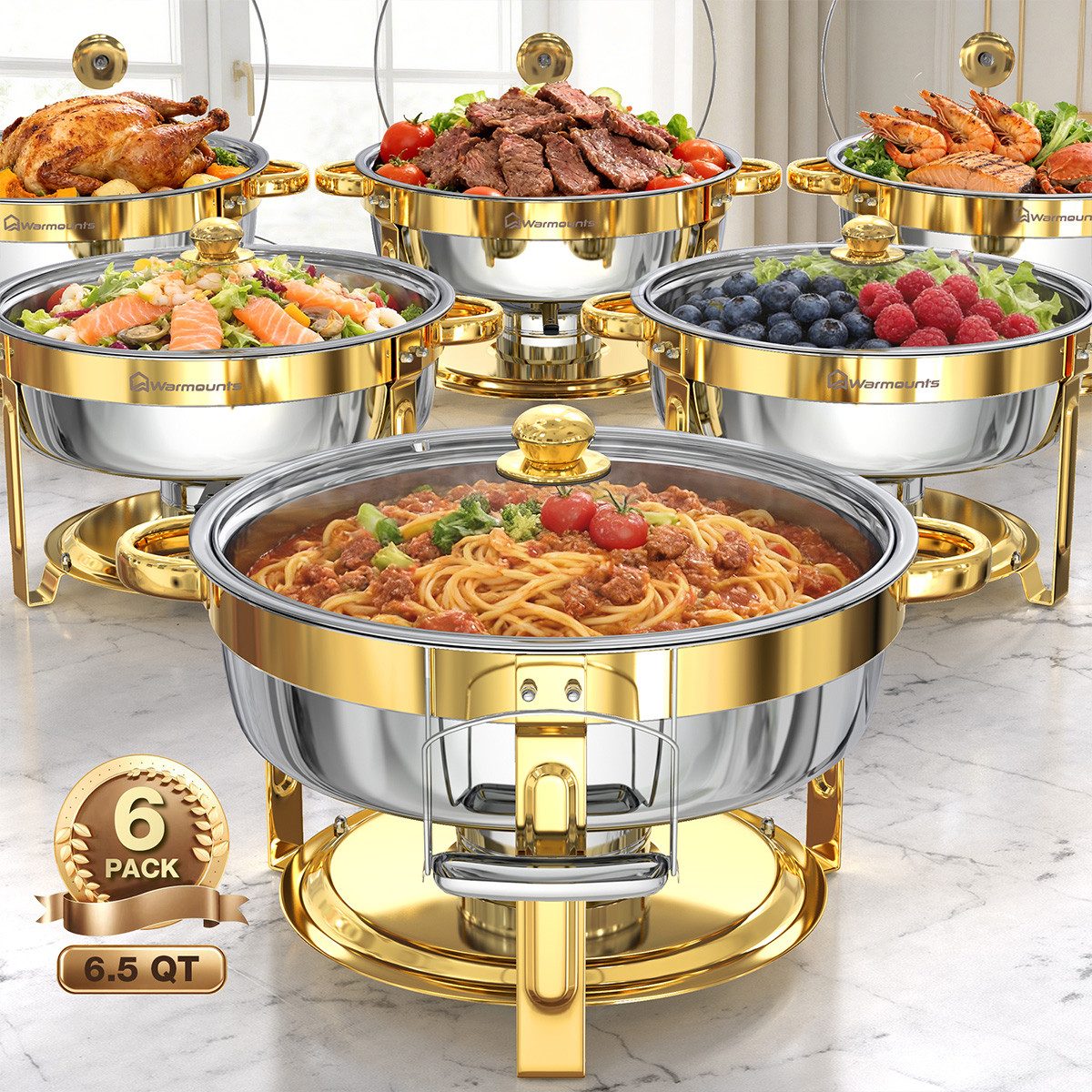 Warmounts Speisenwärmer 6,15L Chafing Dish Speisenwärmer Set, (4-tlg., Rund, 6,5 QT Edelstahl mit Deckelhalter und Glasdeckel), Buffet Warmhalter-Set für Catering, Partys, Abendessen