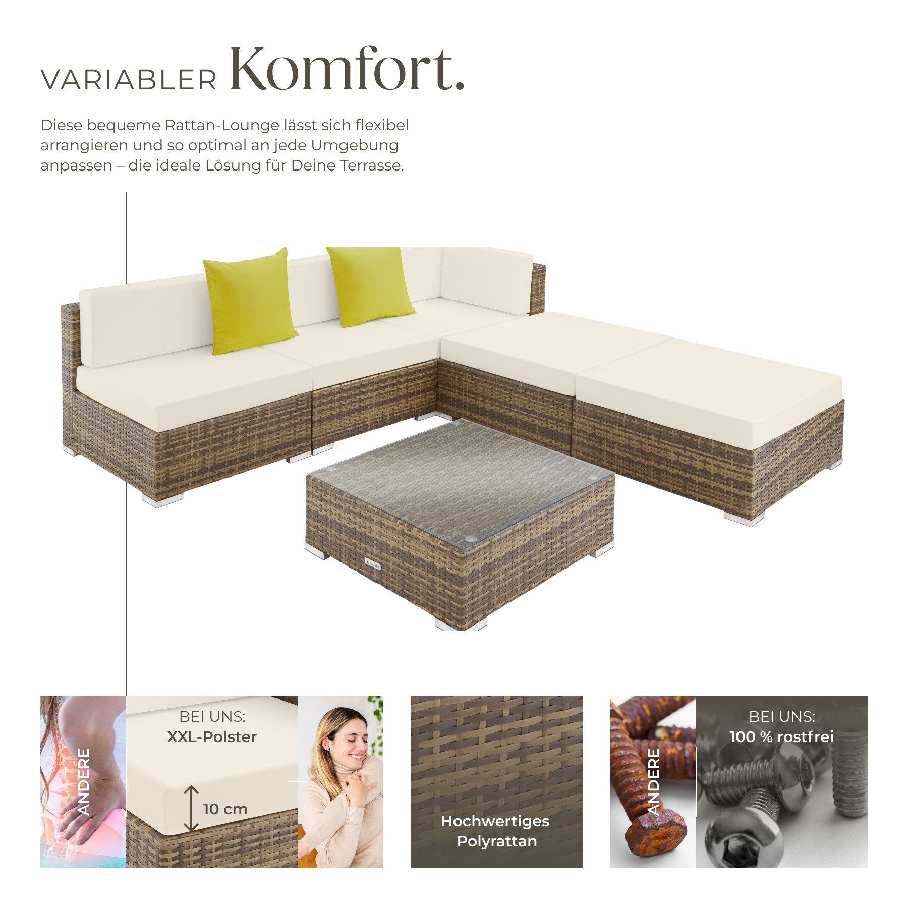 tectake Loungeset Rattan Sitzgruppe mit 2 extra Kissen, inkl. 8 Verbindungsklammern, (Gartenlounge-set Paris, 6-tlg., geeignet für Outdoor in Natur), wetterfest und UV-beständig, Dicke der Polster 10 cm