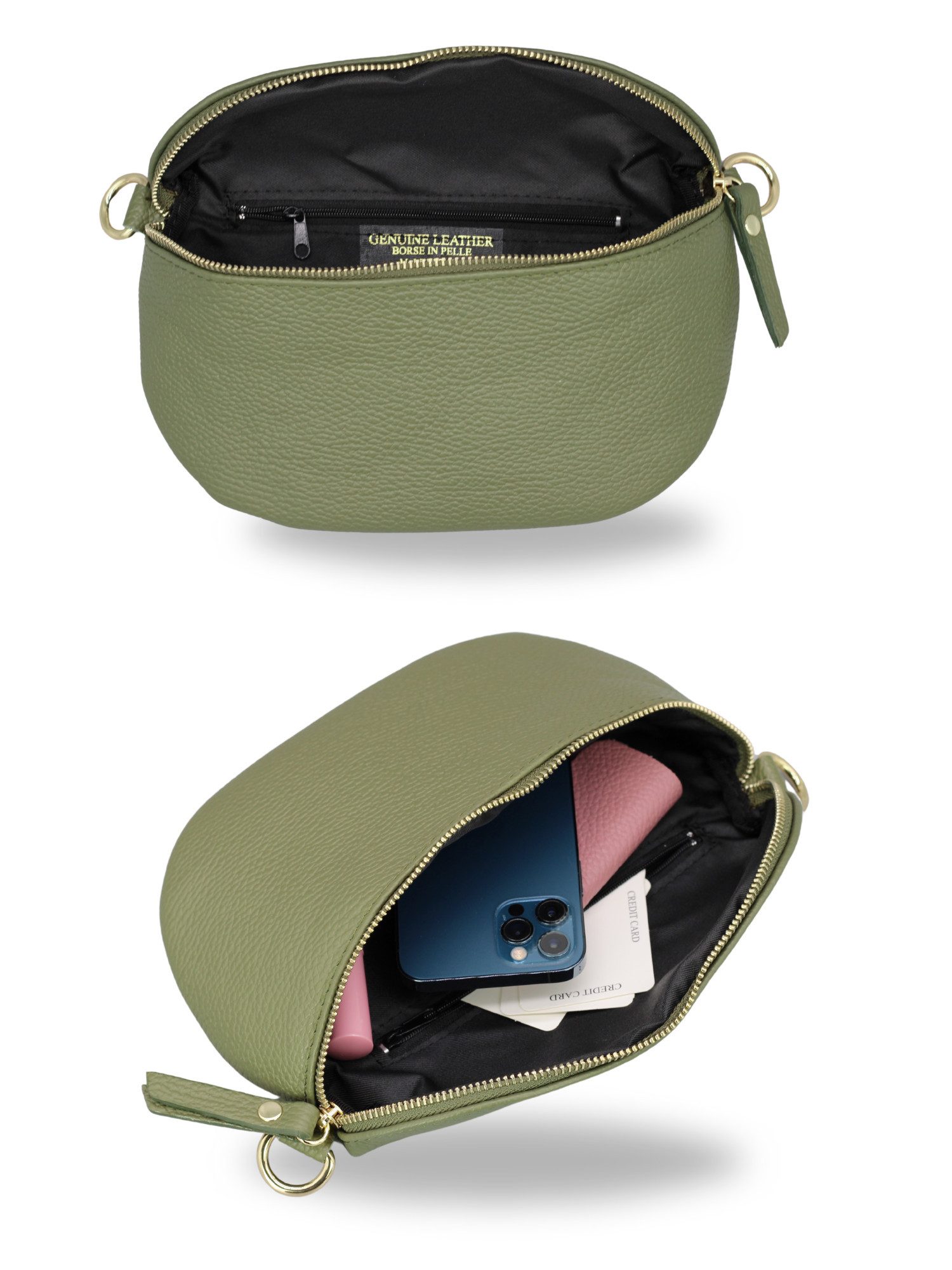 Adel Bags Bauchtasche Damen mit goldenem Reißverschluss, Bauchtasche Leder, hergestellt in Italien, mit 2 Riemen