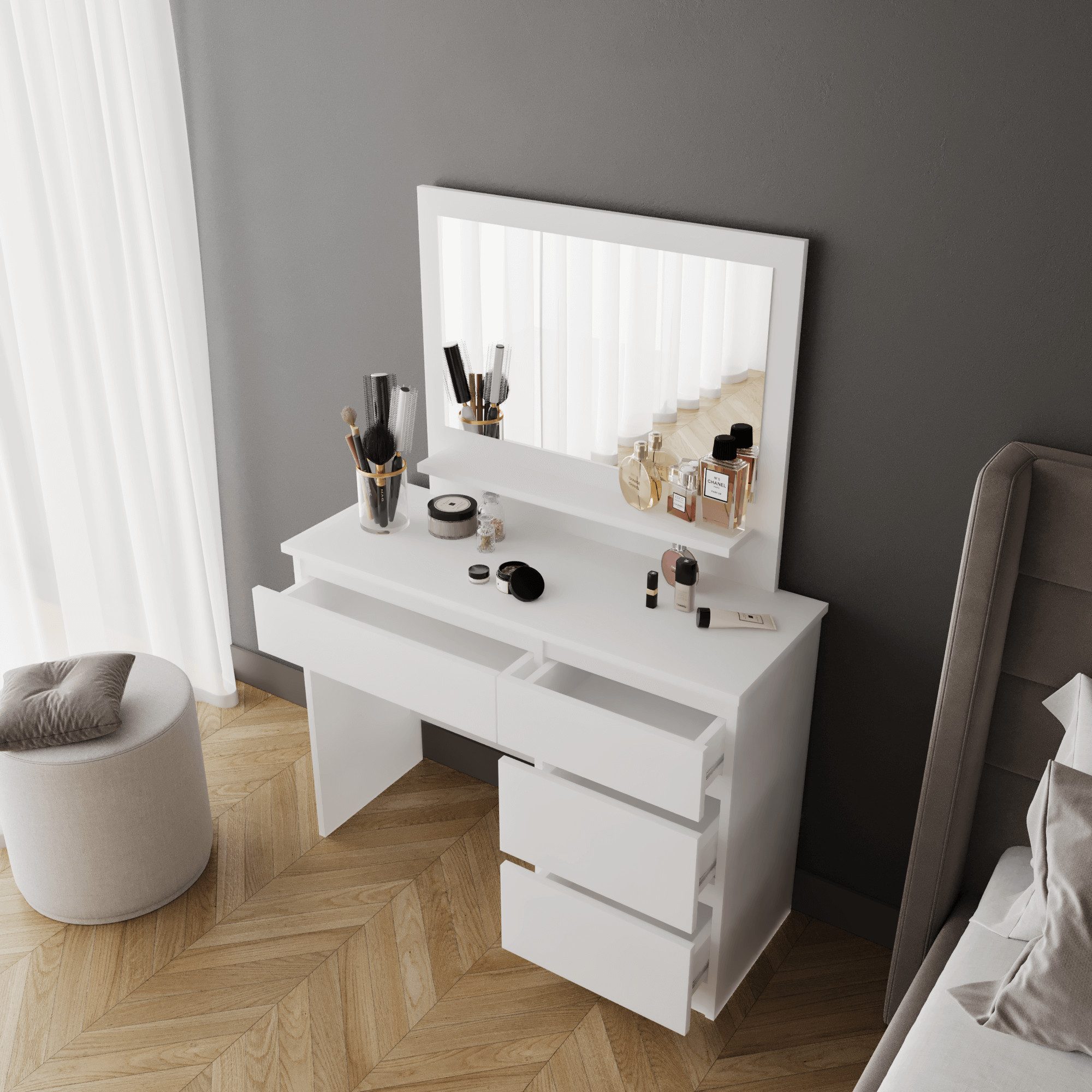 BDR Smart Home Art Schminkschrank Duru Schminktisch mit Spiegel-Schubladen Elegant Weiß Holzdekor