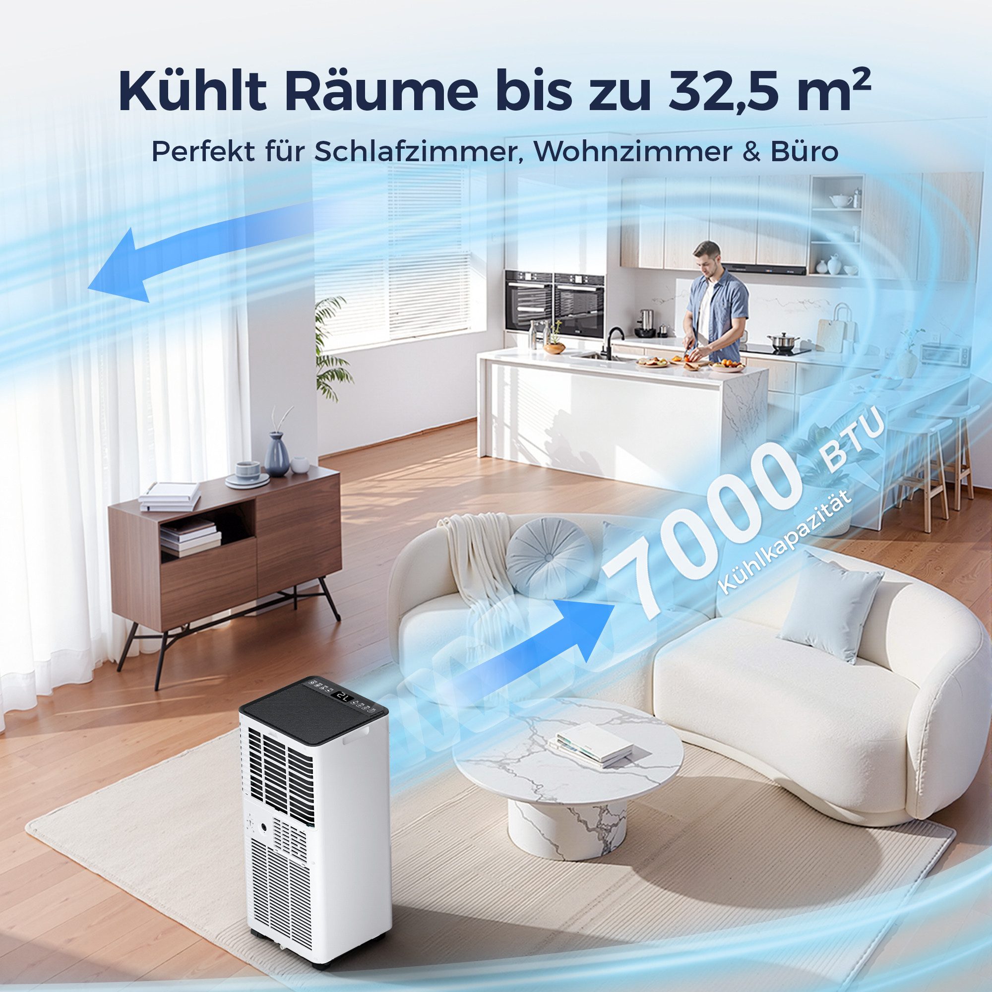Furnicopia Klimagerät Mobiles 5-in-1 9000BTU, Leise ≤50 dB, Quick Connect, Komplett-Set, 5-in-1: Kühlung, Entfeuchtung, Lüftung, Abtauung, Schlafmodus.