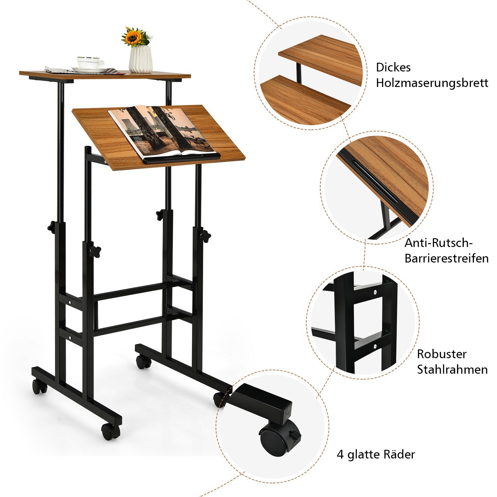 COSTWAY Computertisch, 2-stufig, höhenverstellbar mit Rollen, 72-124cm