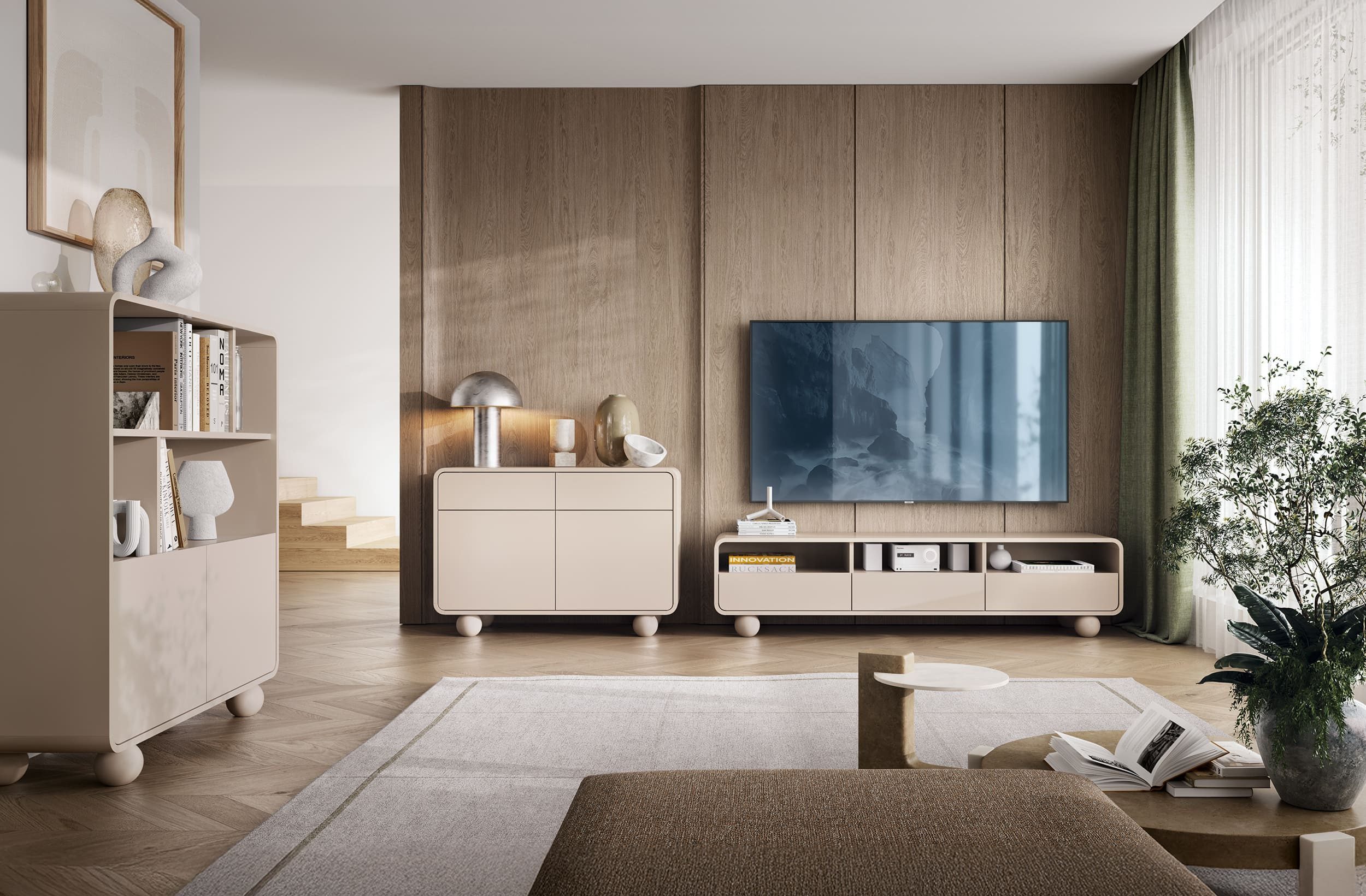 MOEBLO Kommode BERLIN KSZ108 (in Kaschmir, Sideboard mit abgerundeter Form, 2 Türen, 2 Schubladen, Push-to-open und Kugelfüßen, Sideboard Wohnzimmer Kommode Schlafzimmer Komodenschrank), (BxHxT): 108 x 75 x 39 cm