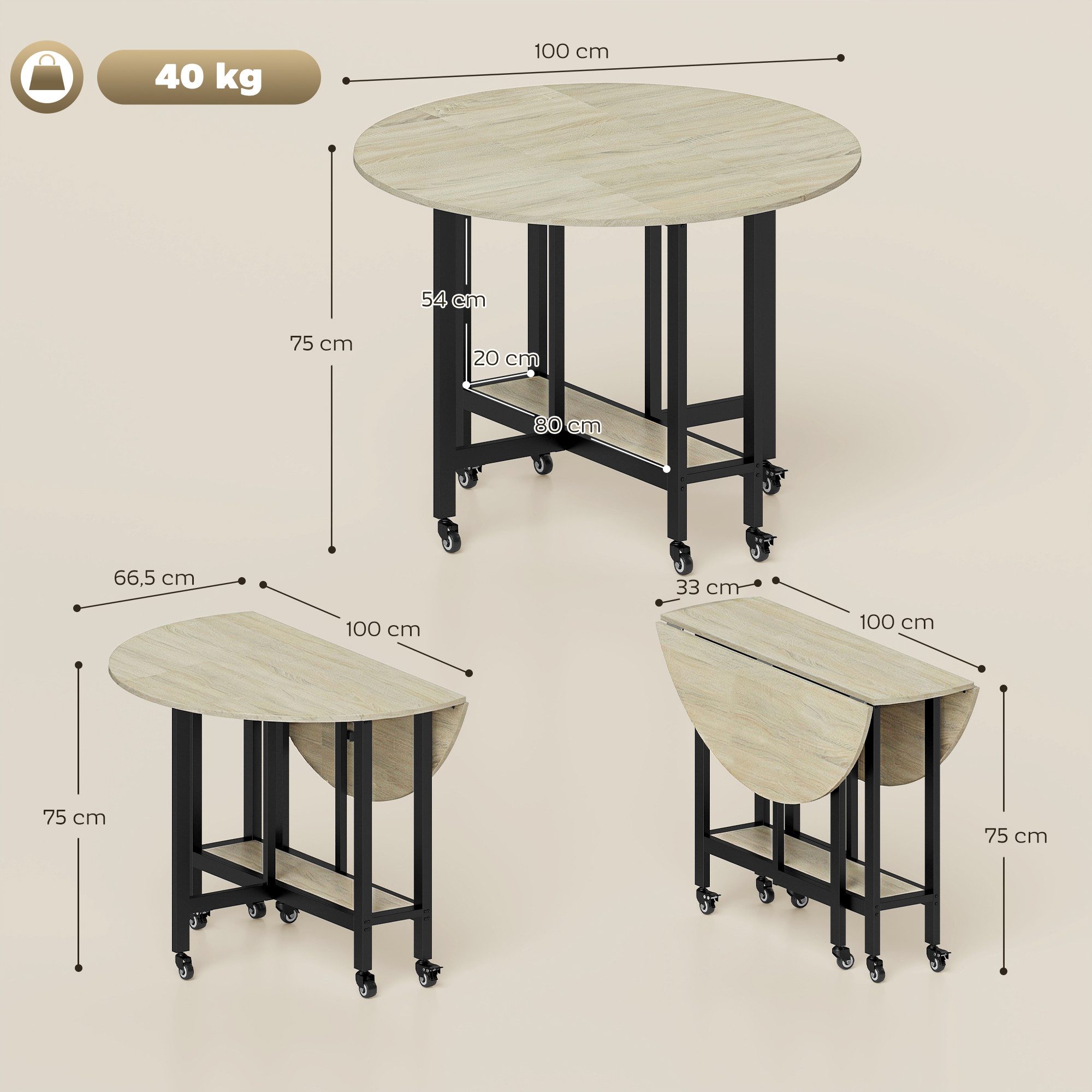HOMCOM Klapptisch Runder Küchentisch mit Ablage (Tisch, 1-St., Küchentisch), Platzsparendes, klappbares Design mit Rollen