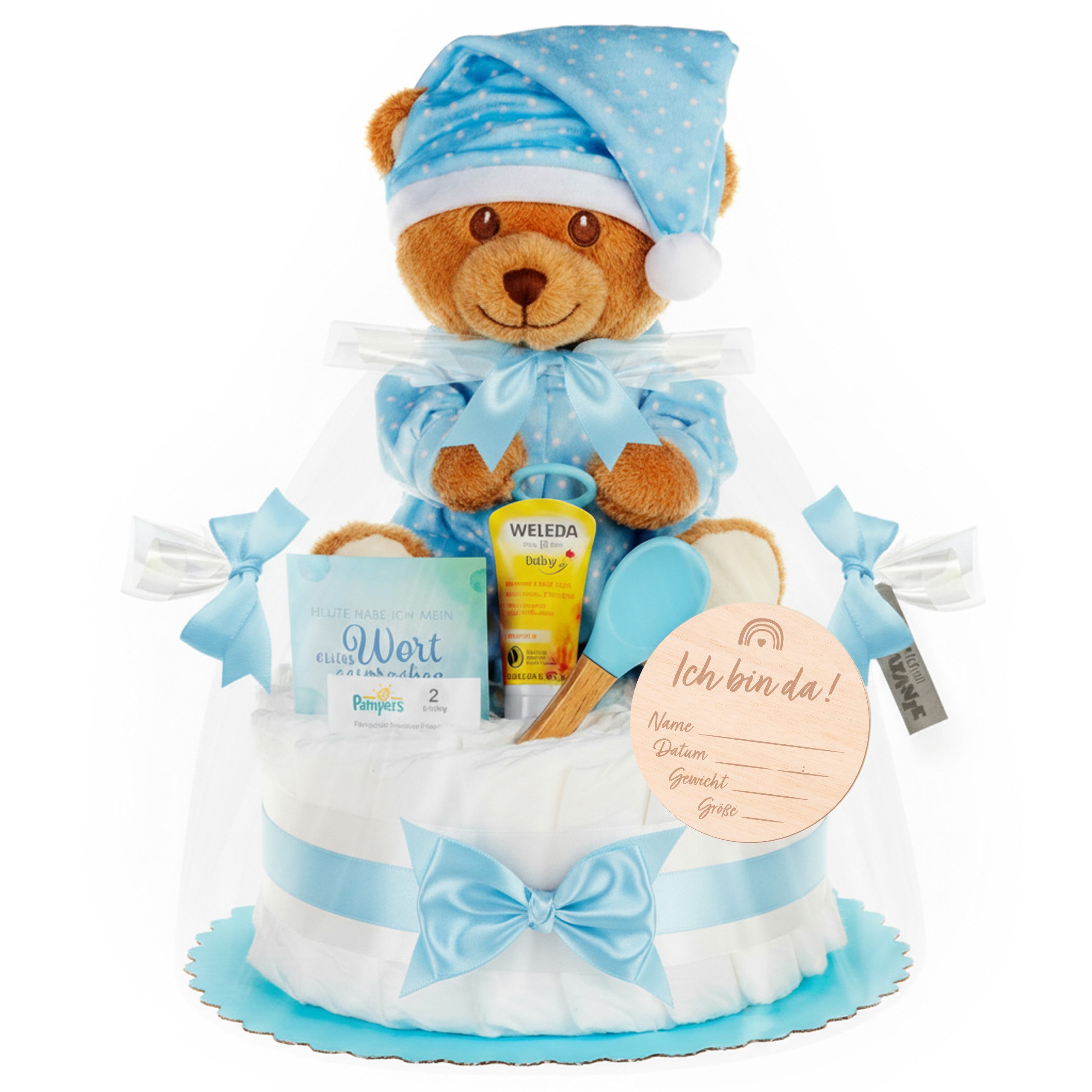 Timfanie Windeln Windeltorte, LiebhabBÄR, blau, 0-8 Monate (Handgefertigtes Geschenk - In Folie gehüllt, mit Schleifen verziert, 28-St., 20 Pampers Premium, 1 Marken-Kuscheltie, wertige Accessoires), Das Perfekte Geschenk zur Geburt oder Babyparty.