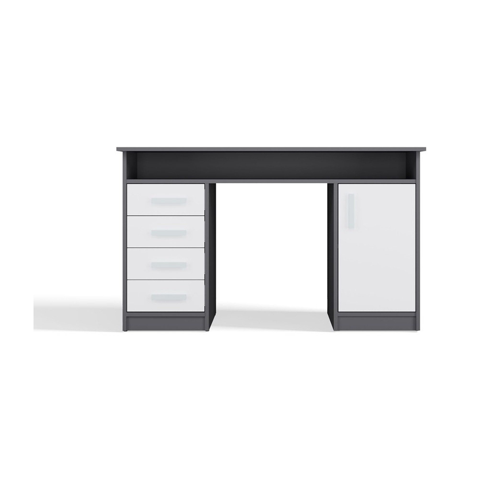 ibonto Schreibtisch Homeoffice Tisch mit Schubladen Stauraum Weiß Anthrazit Büro (1 Schreibtisch, Lieferung zerlegt zur Selbstmontage), Schreibtisch mit 4 Schubladen, Türfach und offenem Regal