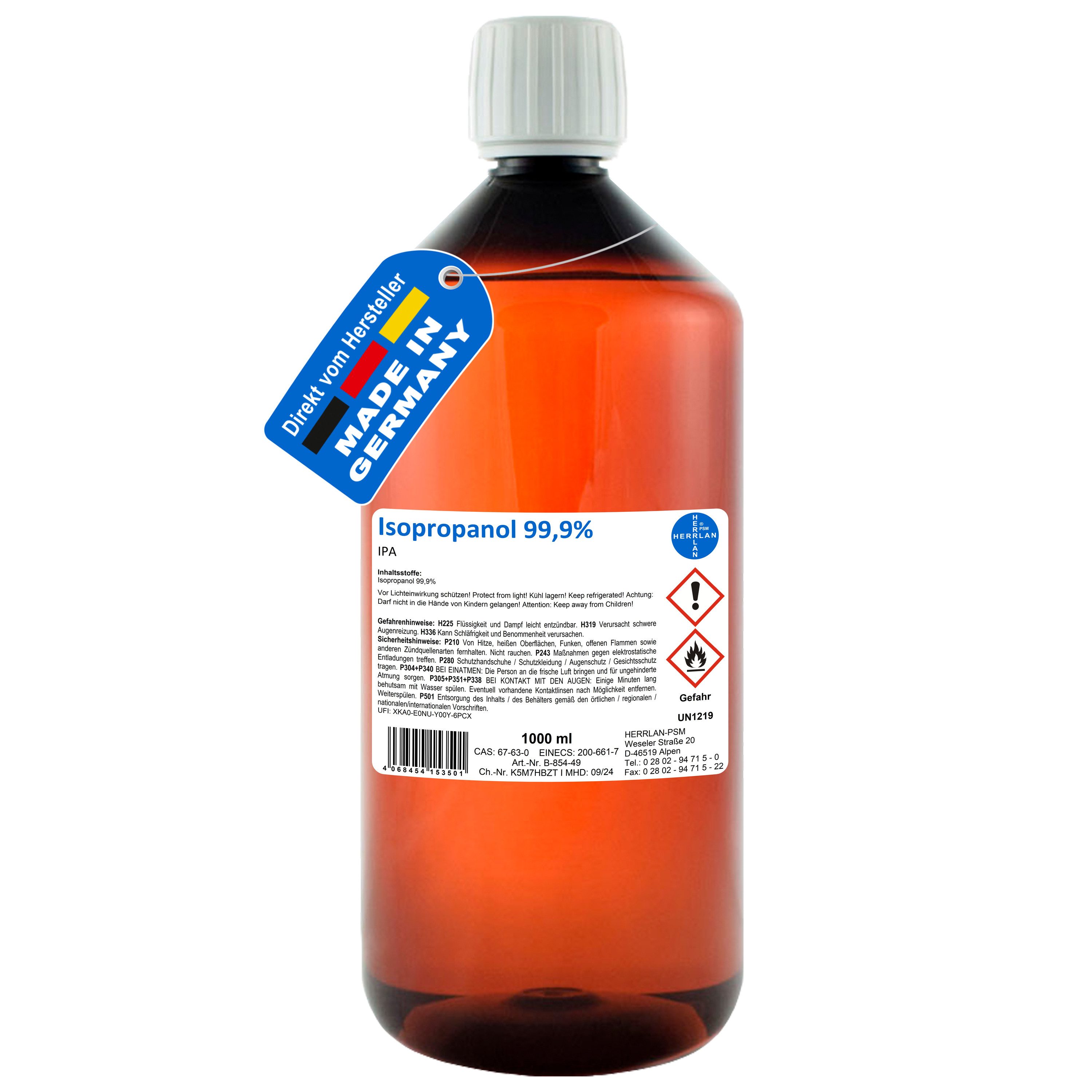 HERRLAN Isopropanol 99,9% Reinigungsalkohol (1000 ml, [- Fettlöser & Lösungsmittel - Qualität Made in Germany)