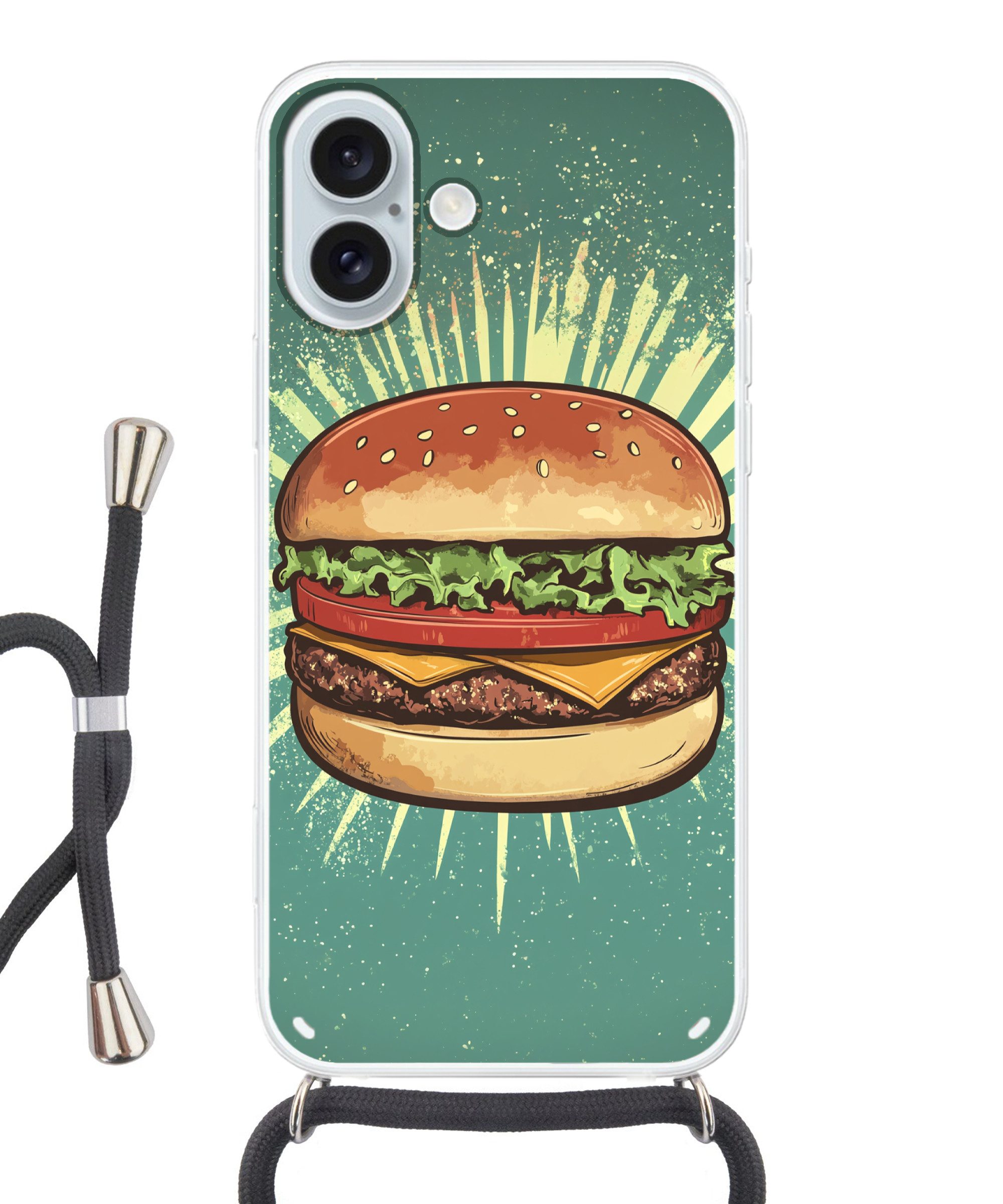 MuchoWow Handyhülle für Apple iPhone 16 Plus Hamburger - Illustration - Salat - Käse, Tragbare Handyhüllen mit Kette zum umhängen, Handykette Handyband