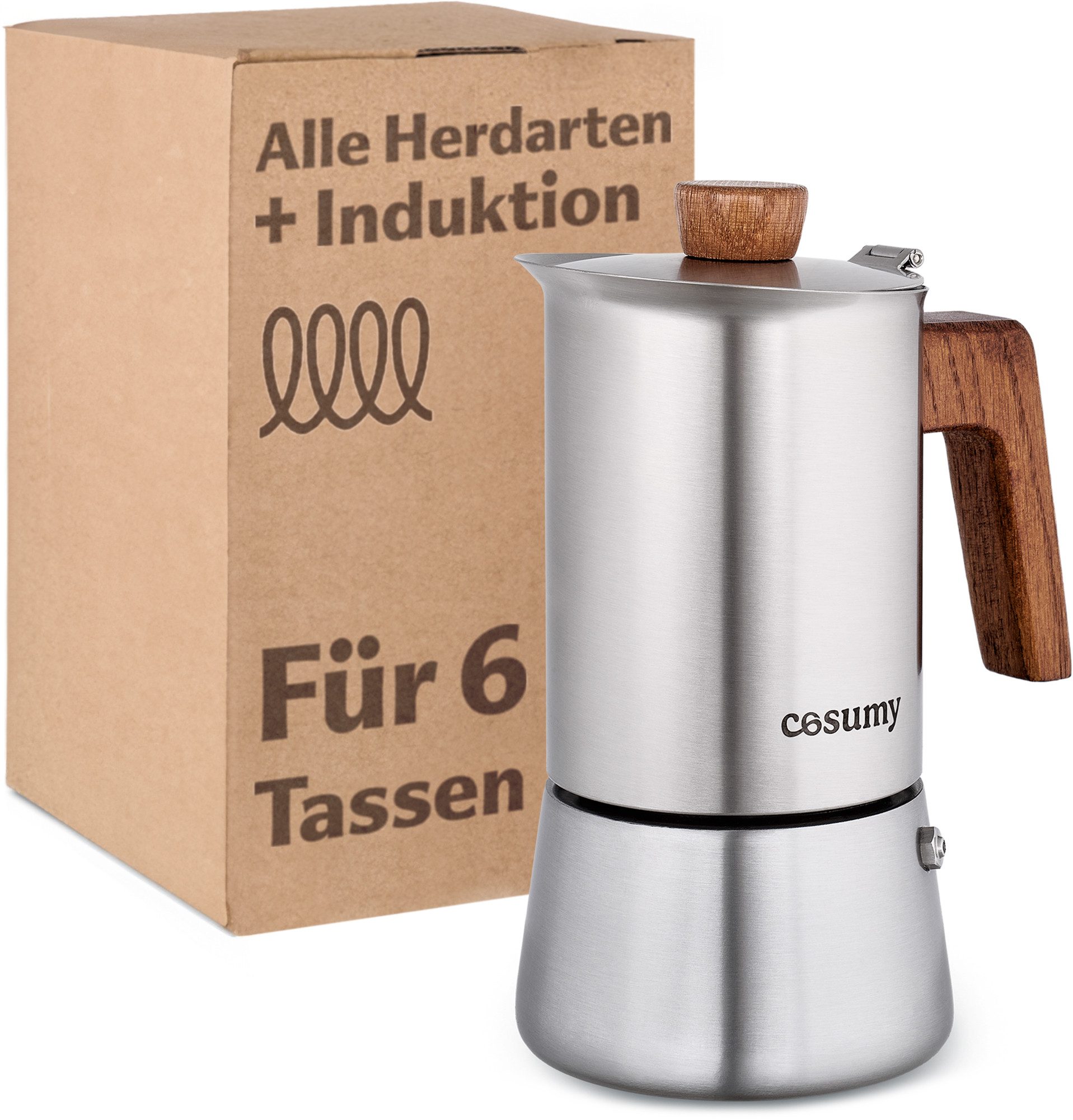 Cosumy Espressokocher, Induktionsgeeignet, FSC-zertifiziertes Eichenholz