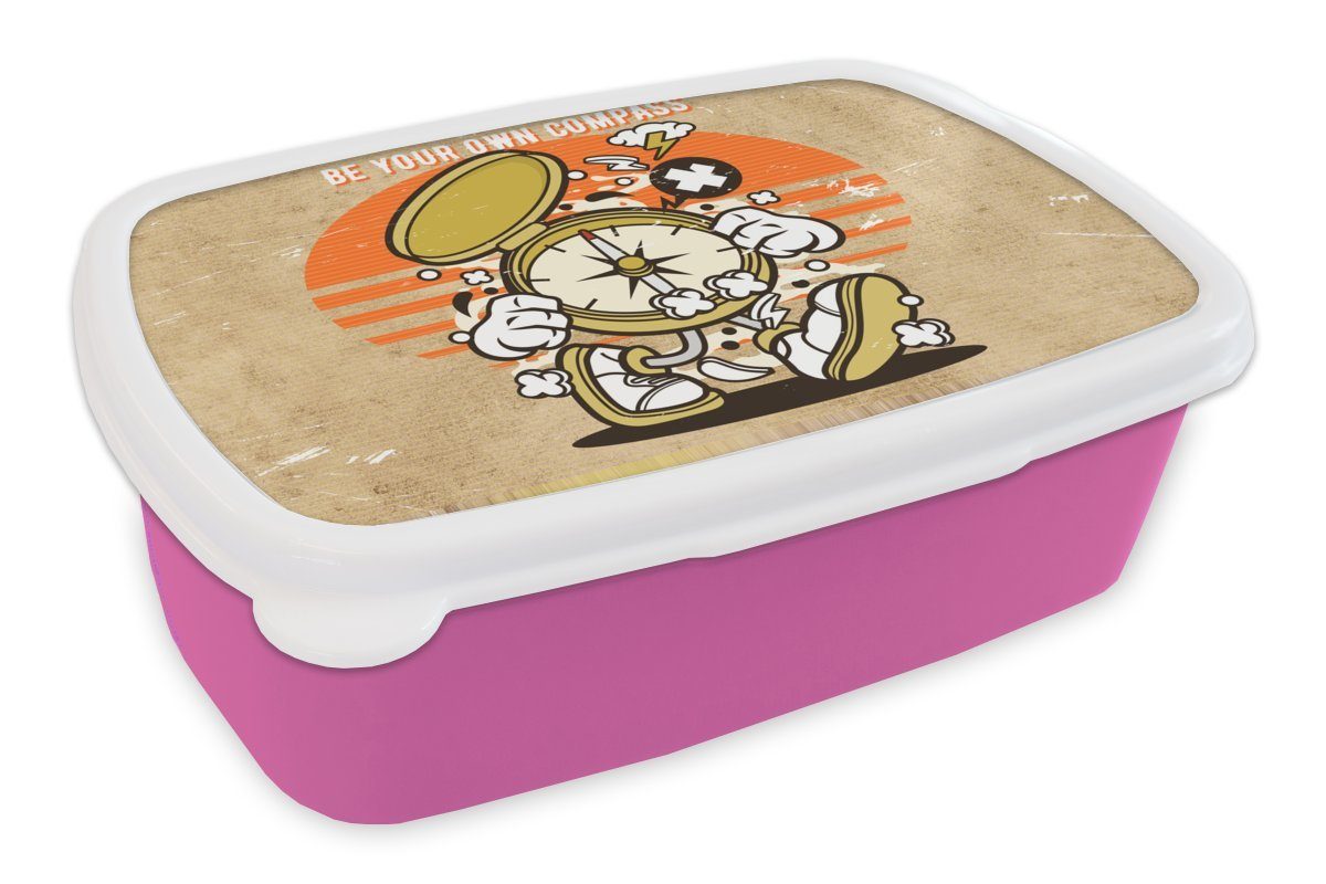MuchoWow Lunchbox Kompass - Vintage - Zitat, Kunststoff, (2-tlg), Brotbox für Erwachsene, Brotdose Kinder, Snackbox, Mädchen, Kunststoff rosa
