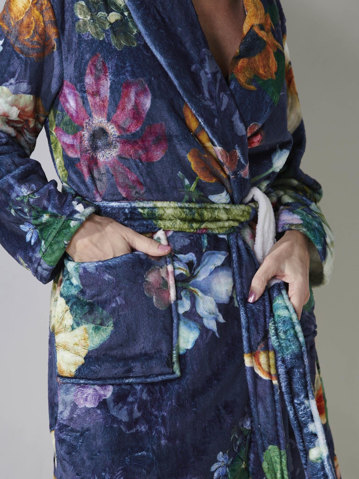 Essenza Damenbademantel Fleur, Kurzform, Polyester, Schalkragen, Gürtel, mit Blumenprint Nightblue