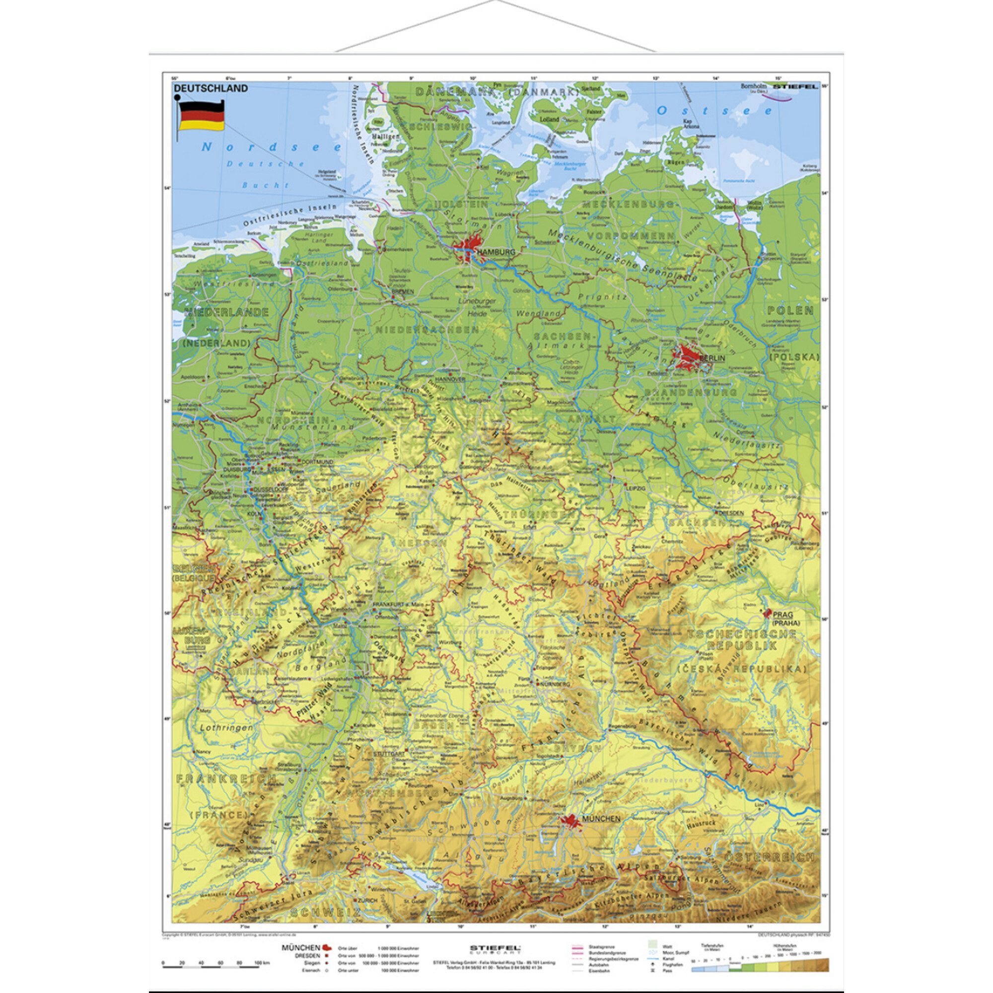 STIEFEL Globus Stiefel Landkarte Deutschland physisch (67 x 91 cm)
