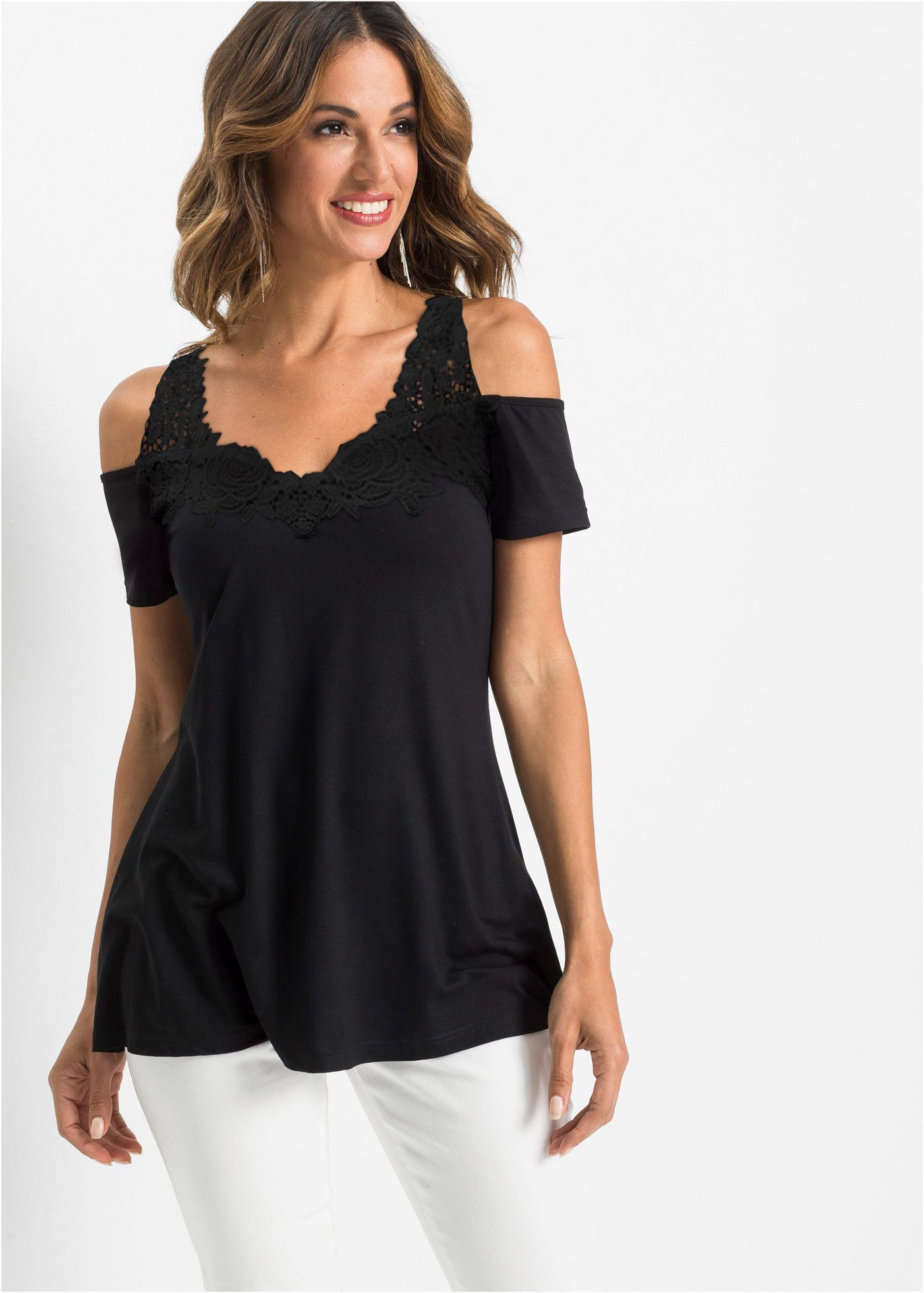 bonprix T-Shirt bequeme Passform, Kurzarm, Cut-Outs, toller Spitzenbesatz