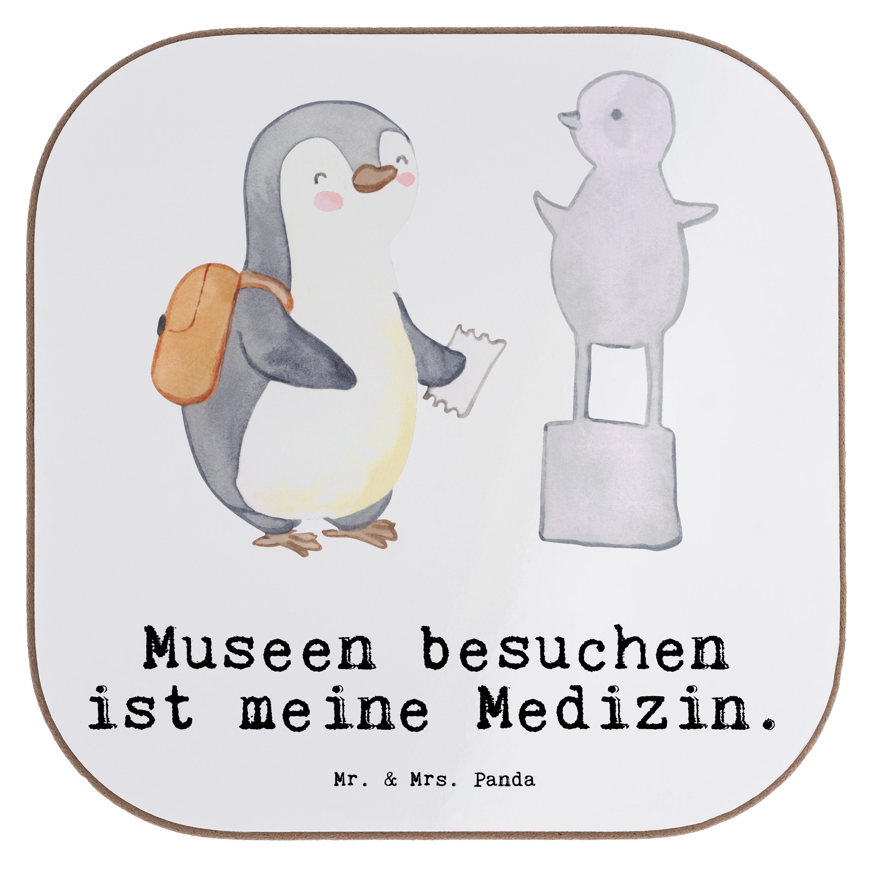 Mr. & Mrs. Panda Getränkeuntersetzer Pinguin Museum besuchen Medizin - Weiß - Geschenk, Untersetzer Gläser, 1-tlg.