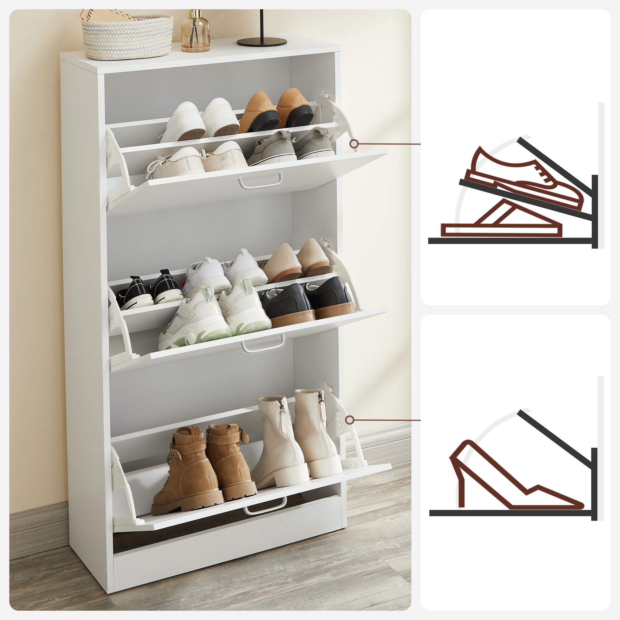 VASAGLE Schuhschrank Schuhregal mit 3 Klappen, Schuhkipper, Trennwände verstellbar für 12-18 Paar Schuhe, 60 x 24 x 120 cm – Bild 4 von 5