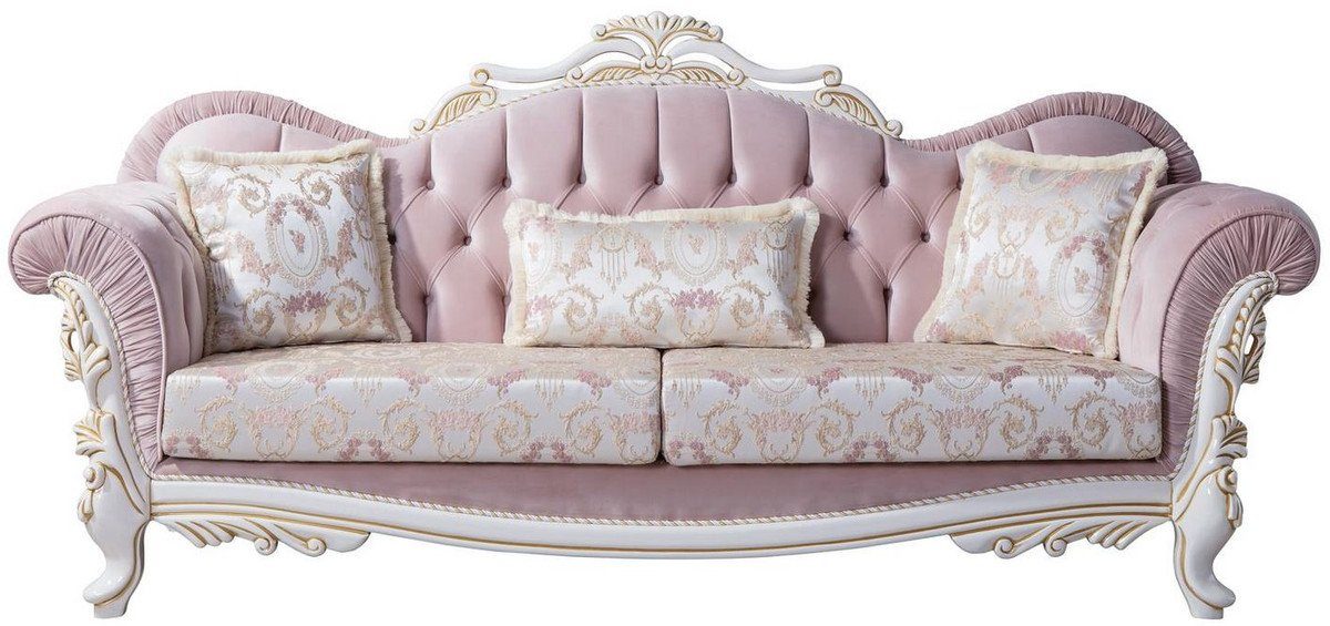 Casa Padrino Sofa Luxus Barock Sofa mit dekorativen Kissen Rosa / Silber / Weiß / Gold 243 x 90 x H. 110 cm - Barockstil Wohnzimmer Möbel