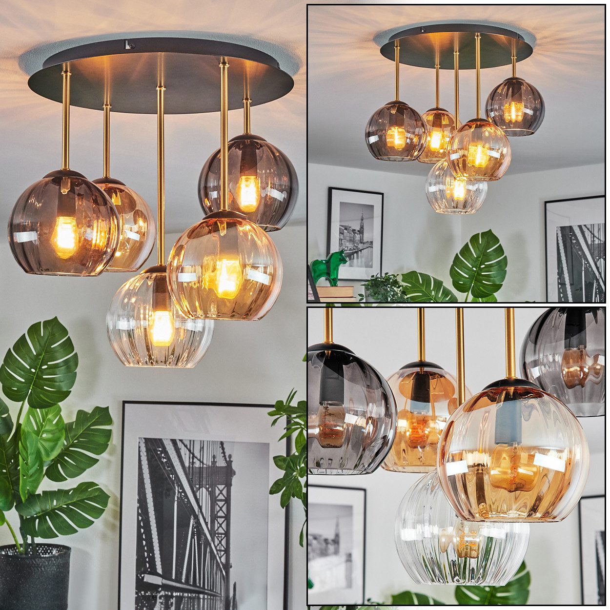 hofstein Deckenleuchte Deckenlampe aus Metall/Riffelglas im Retro/Vintage-Design, 5 x E14, ohne Leuchtmittel, moderne Deckenleuchte in Schwarz/Messing/Bernstein/Rauch/Klar
