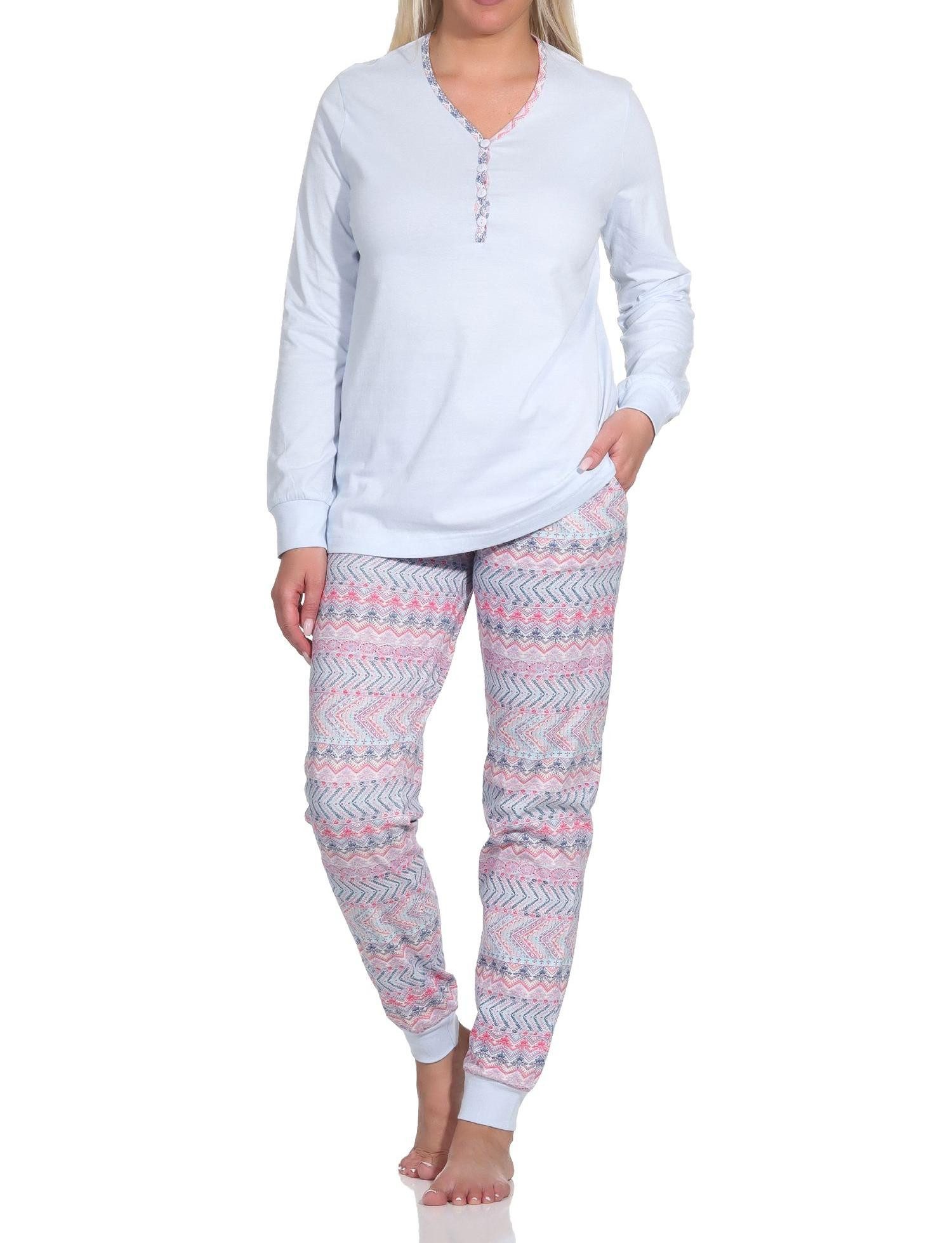 Pyjama Damen Schlafanzug lang mit Bündchen im Ethnolook - auch in Übergrößen