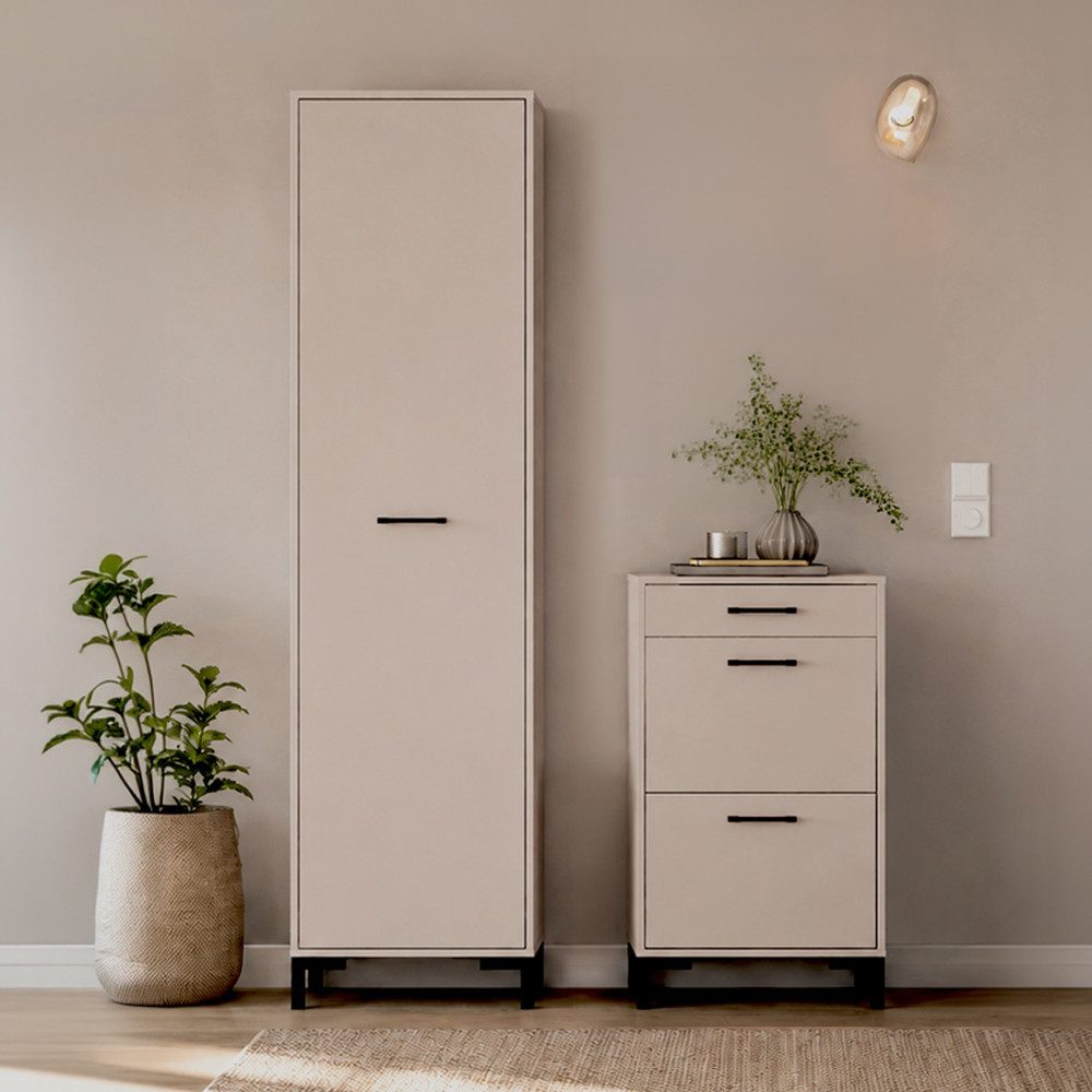 Lomadox Garderoben-Set OLHAO-131, (Spar-Set, 2-St., Garderobenschrank Schuhschrank), in Kaschmir Beige, schwarze Griffe und Füße, modern