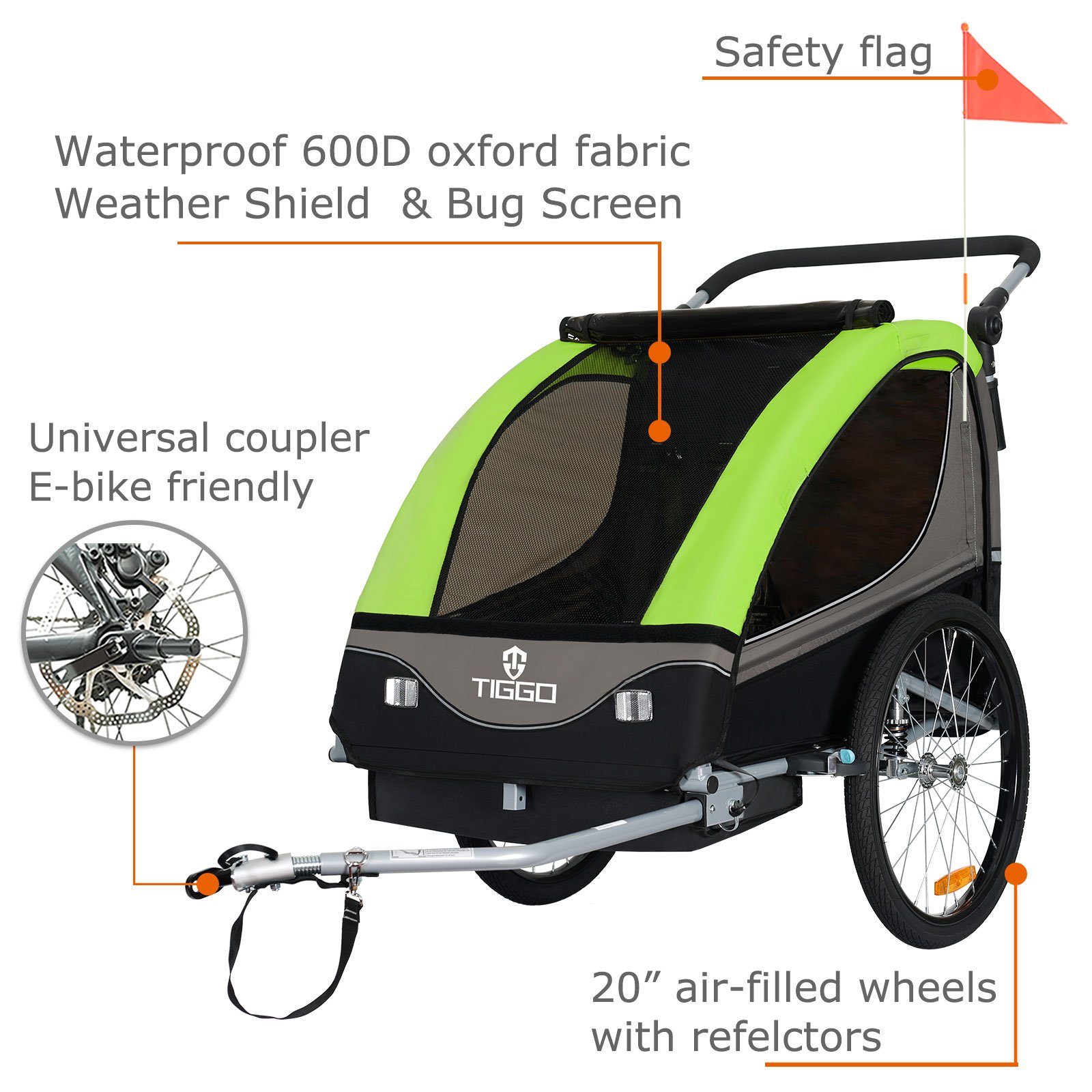 TIGGO Fahrradkinderanhänger Kinderanhänger 2 in 1 Kinderfahrradanhänger Fahrradanhänger, für 1-2 Kinder inklusive Joggerkit