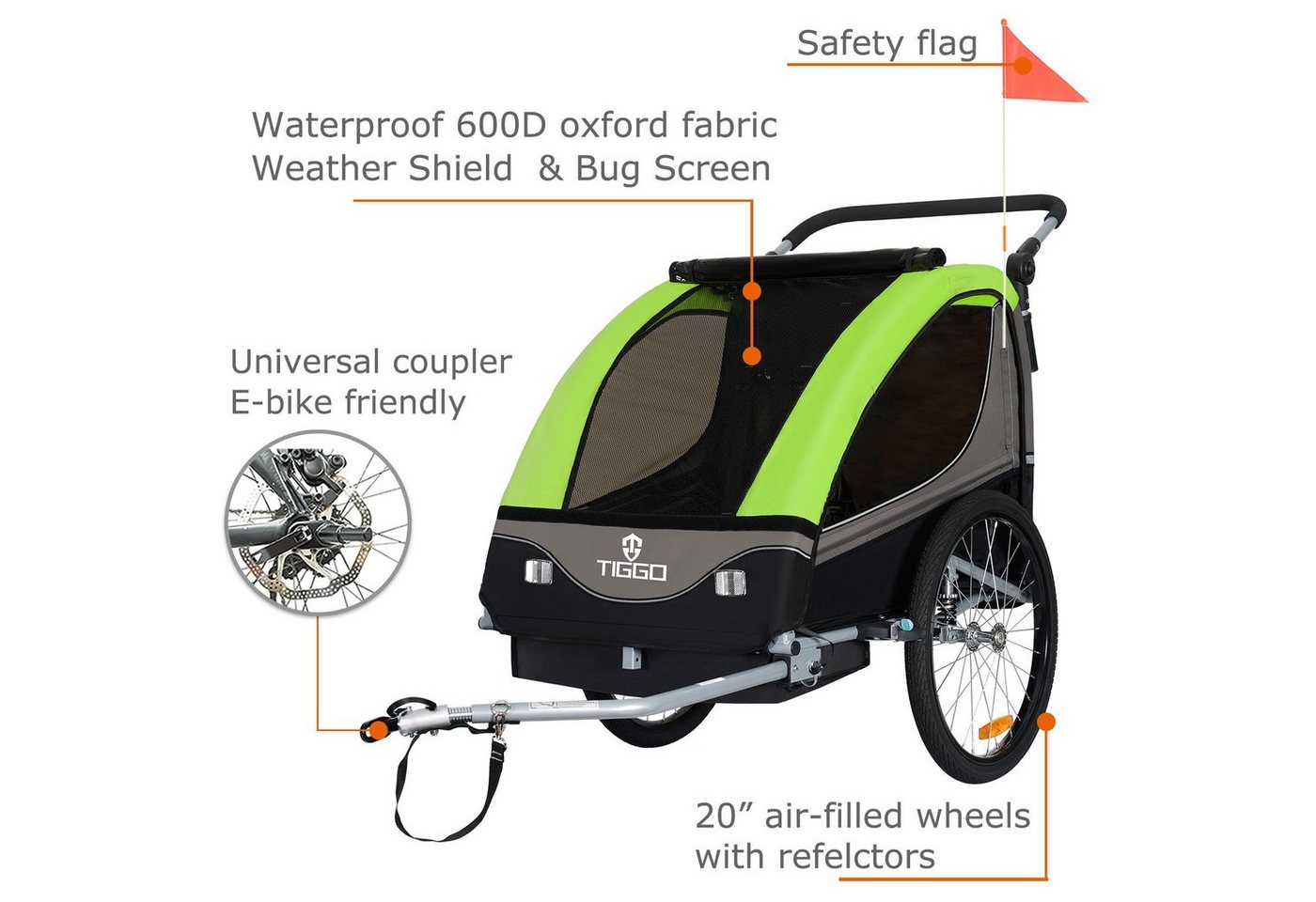 Thumbnail - TIGGO Fahrradkinderanhänger Kinderanhänger 2 in 1 Kinderfahrradanhänger Fahrradanhänger, für 1-2 Kinder inklusive Jogger...