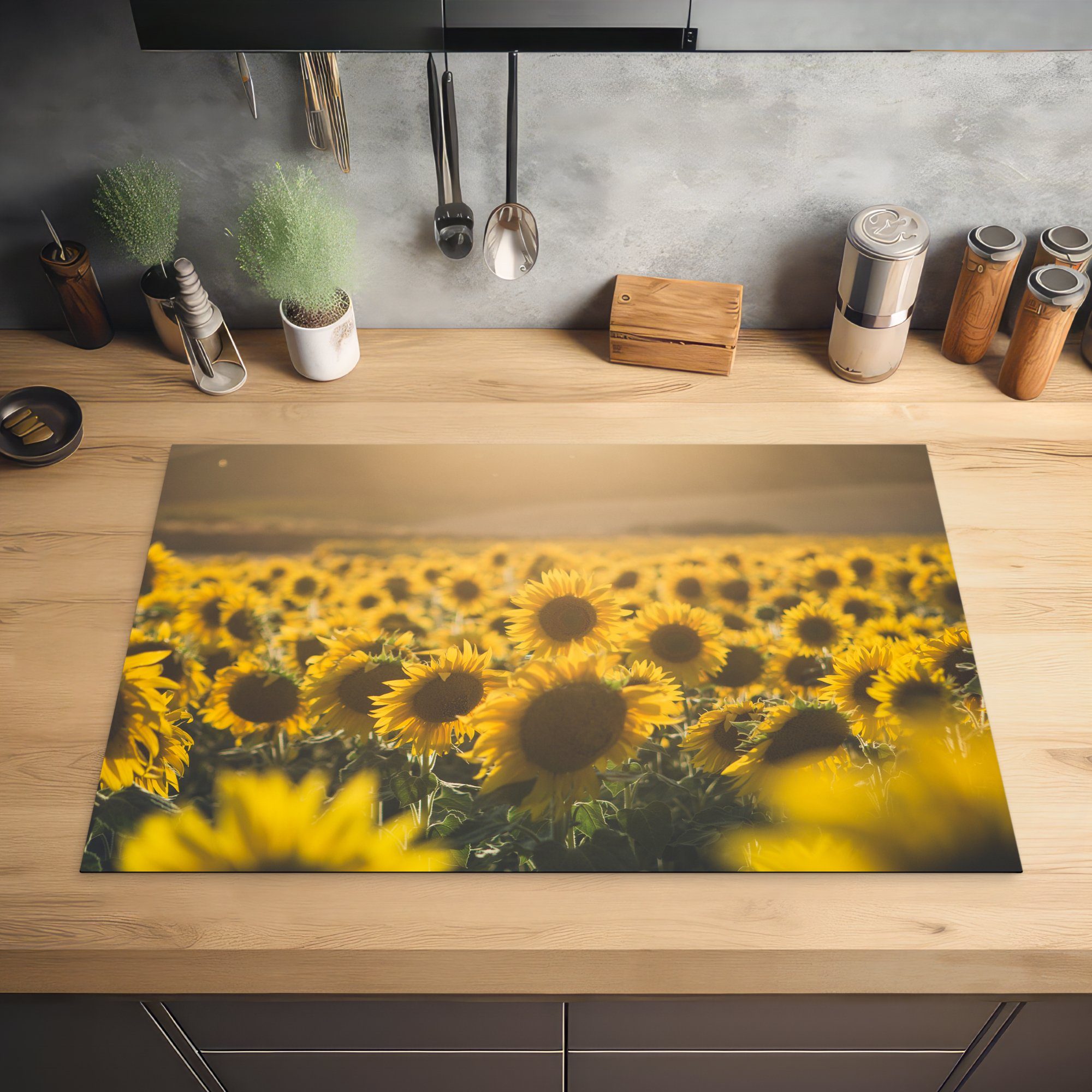 MuchoWow Herdblende-/Abdeckplatte Blumen - Sonnenblumen, für die küche, Sonne - Schutz Vinyl, Ceranfeldabdeckung (1 81x52 cm, Induktionskochfeld tlg)