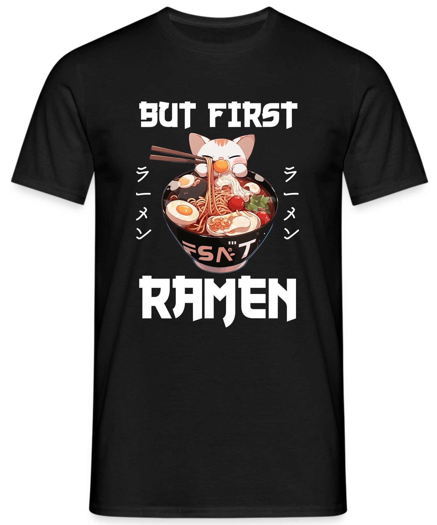 First Anime Japanische Formatee Ramen Herren Kurzarmshirt Schwarz Quattro Japan T-Shirt (1-tlg) Nudeln Katze