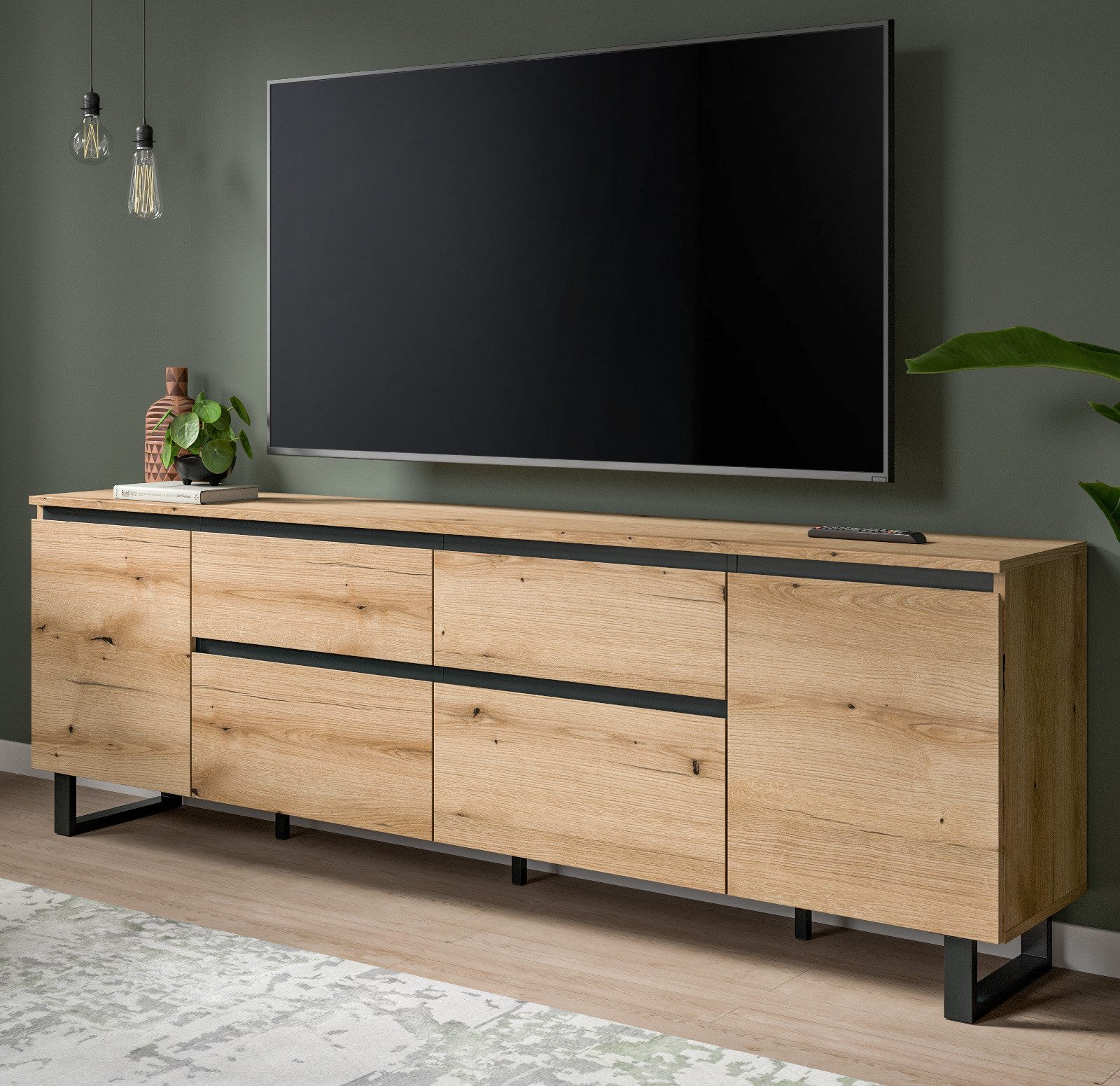 Inn.Furn Lowboard Gelia (TV Unterschrank in Evoke Eiche mit schwarz, Breite 188 cm, Komforthöhe), mit Vollauszug und Soft-Close-Funktion