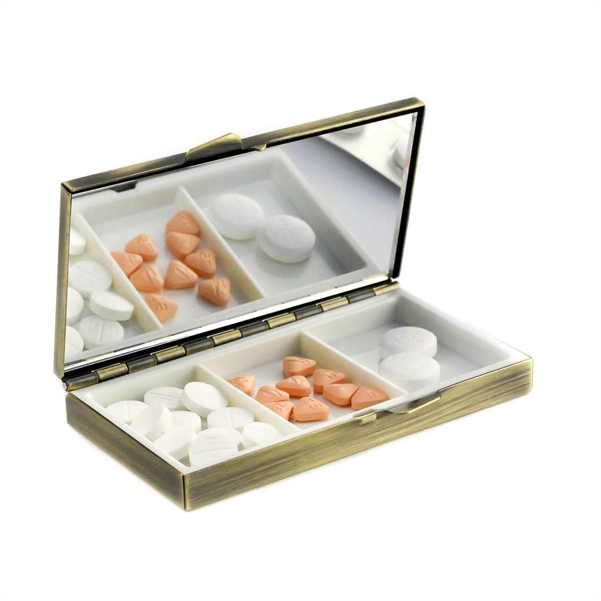 Lantelme Pillendose mit Spiegel klein mini handlich Medikamentenbox Messing Tablettenbox (1 St), Reise Taschen Pillenbox aus Messing für Tabletten, Medikamente