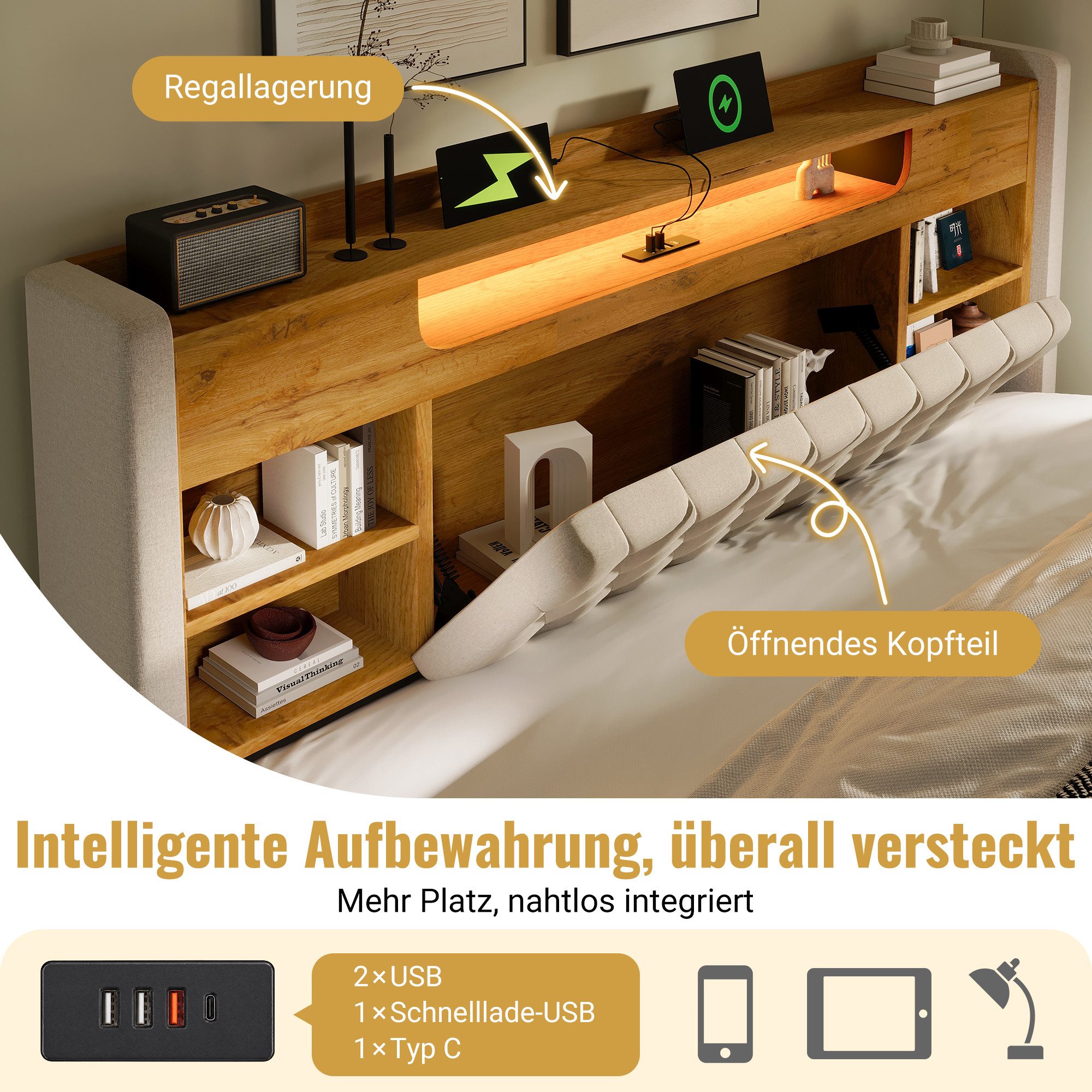 Celya Polsterbett mit Hydraulischem Bettkasten und LED Beleuchtung (Ohne Matratze, mit USB und Type-C Ladefunktion), Kopfteil mit Regal und Stauraum, Leinenstoff