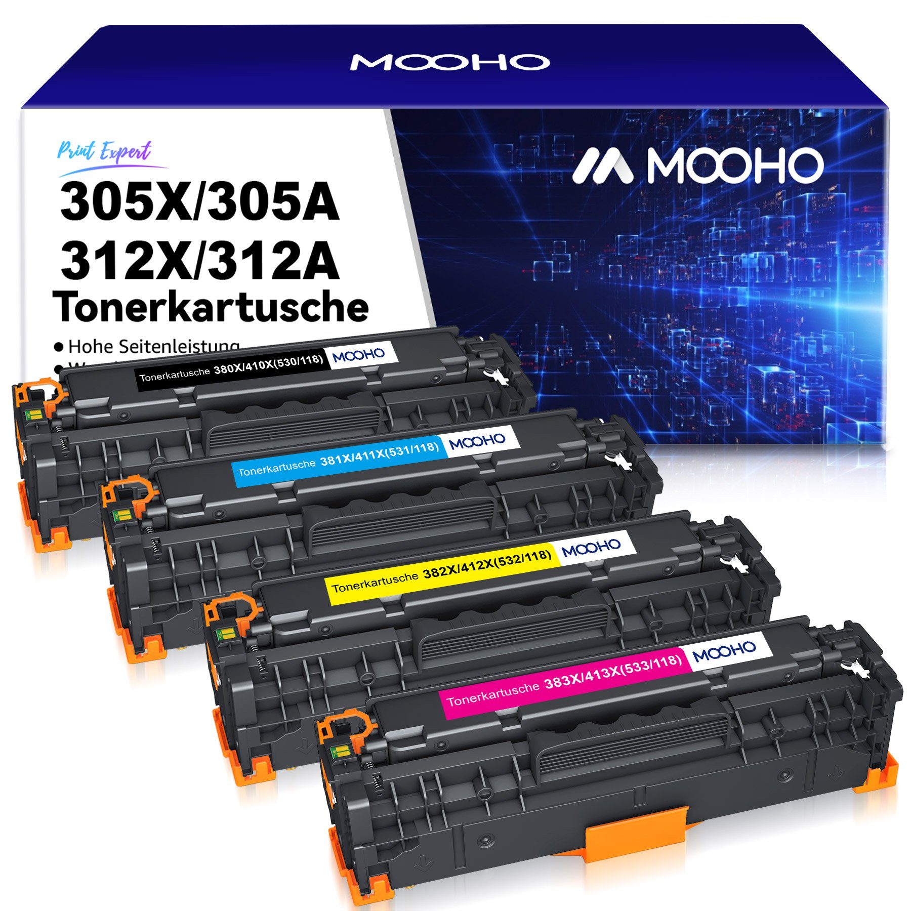 MOOHO Tonerkartusche für HP CE410A CE410X 305X 4-St MFP M351a M375nw M451dn, (4-St)