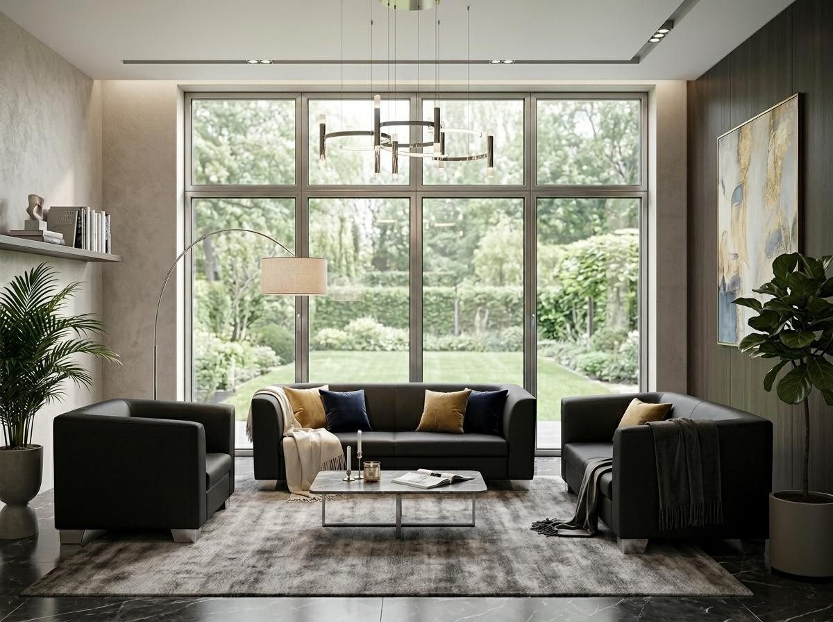 Xlmoebel Polstergarnitur Schwarzes Wohnzimmer-Set: 3+2+1-Sitzer-Sofas und Sessel aus Leder, (3-tlg., 3-tlg)