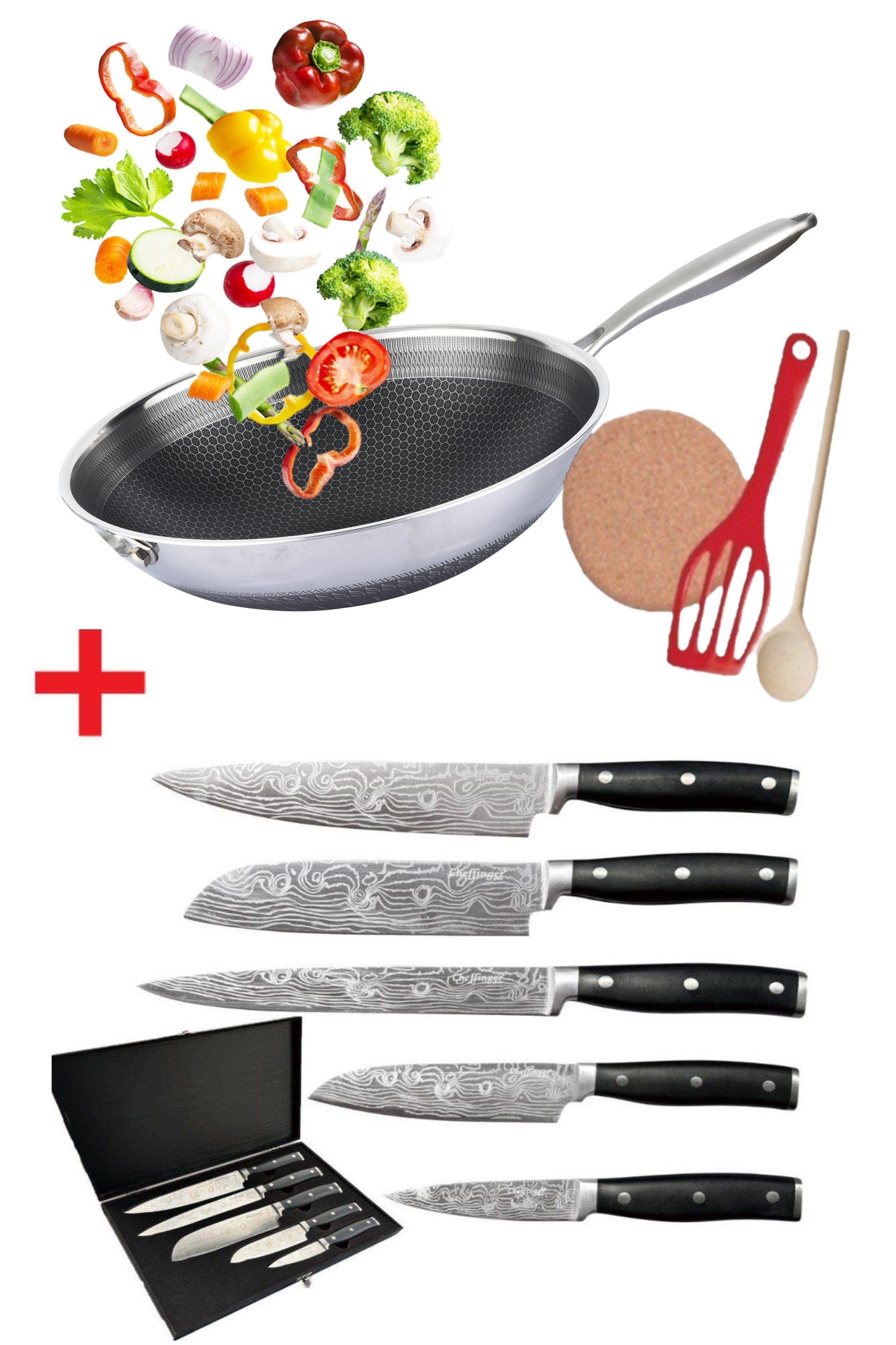 KESSMANN Bratpfanne Induktion Edelstahl Wokpfanne 32 cm 4tlg + Messerset 7tlg Wok, Edelstahl (Set, 11-tlg., Inkl. 1 Pfannenwender + 1 Untersetzer + 1 Holzlöffel Antihaft), Pfanne für alle Herdarten Bräter Kochbesteck Küchen Messer Set | Bratpfannen