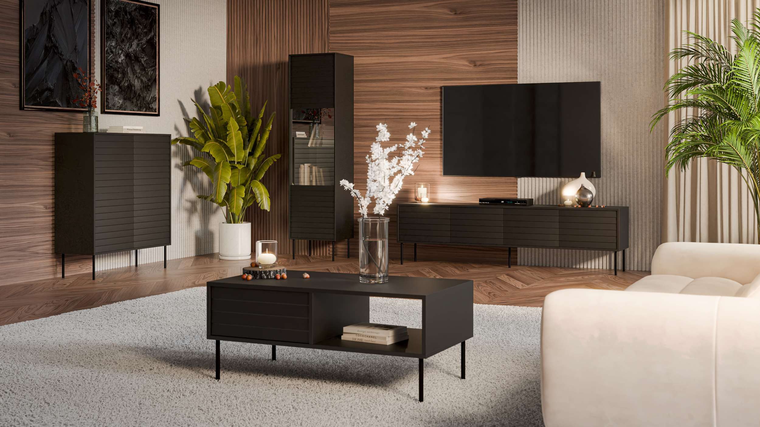 99rooms Wohnwand Corn, (Set (4-St), Wohnmöbel), bestehend aus Kommode, Vitrine, Couchtisch, Lowboard