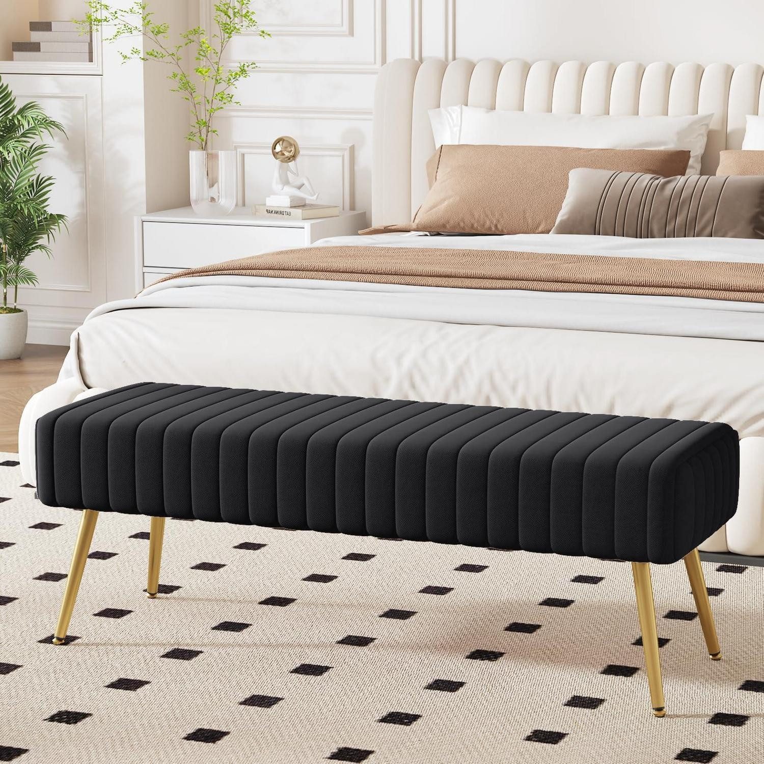 LuxusKollektion Bettbank Sitzbank 113.5cm Schwarz Samt mit Holzbeinen (1-St)
