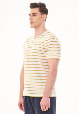 ORGANICATION T-Shirt Men's Striped V-neck T-shirt in Off White/Mango