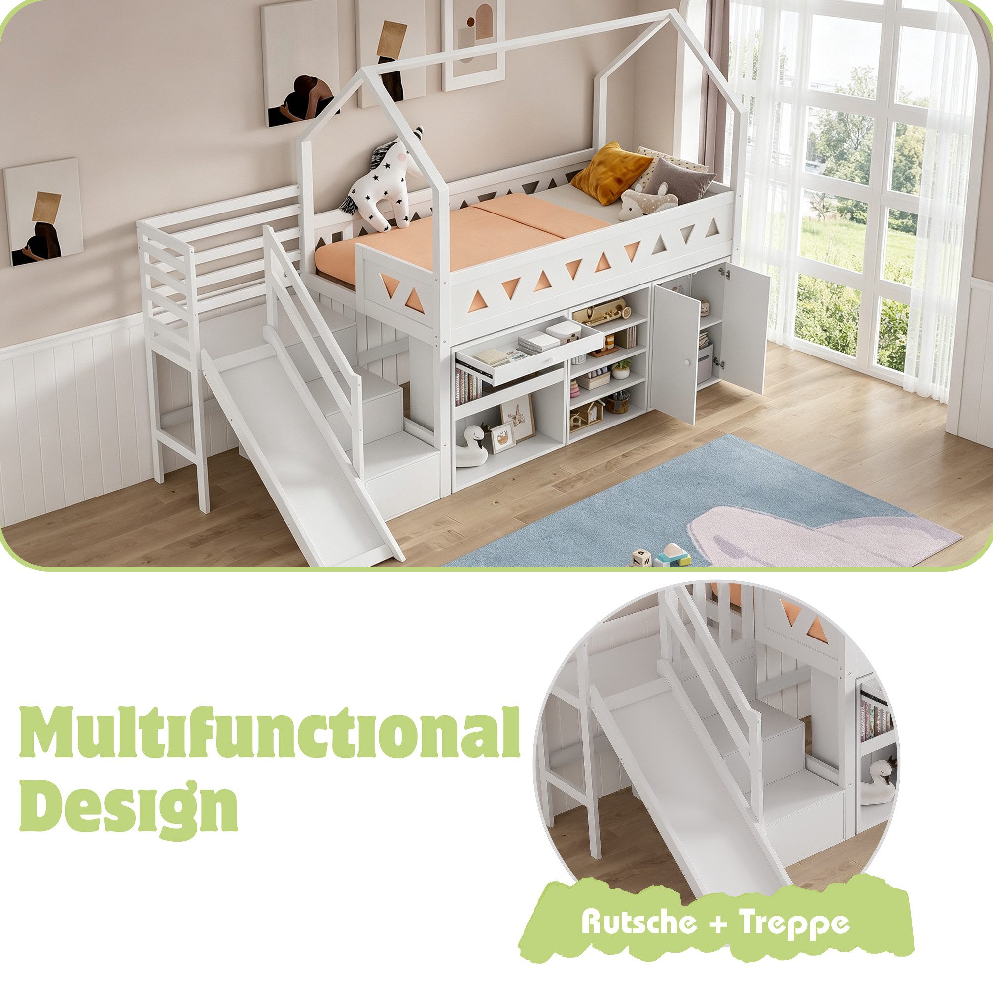 Flieks Hochbett Kinderbett Etagenbett mit Schränke, Rutsche und Treppe 90x200cm