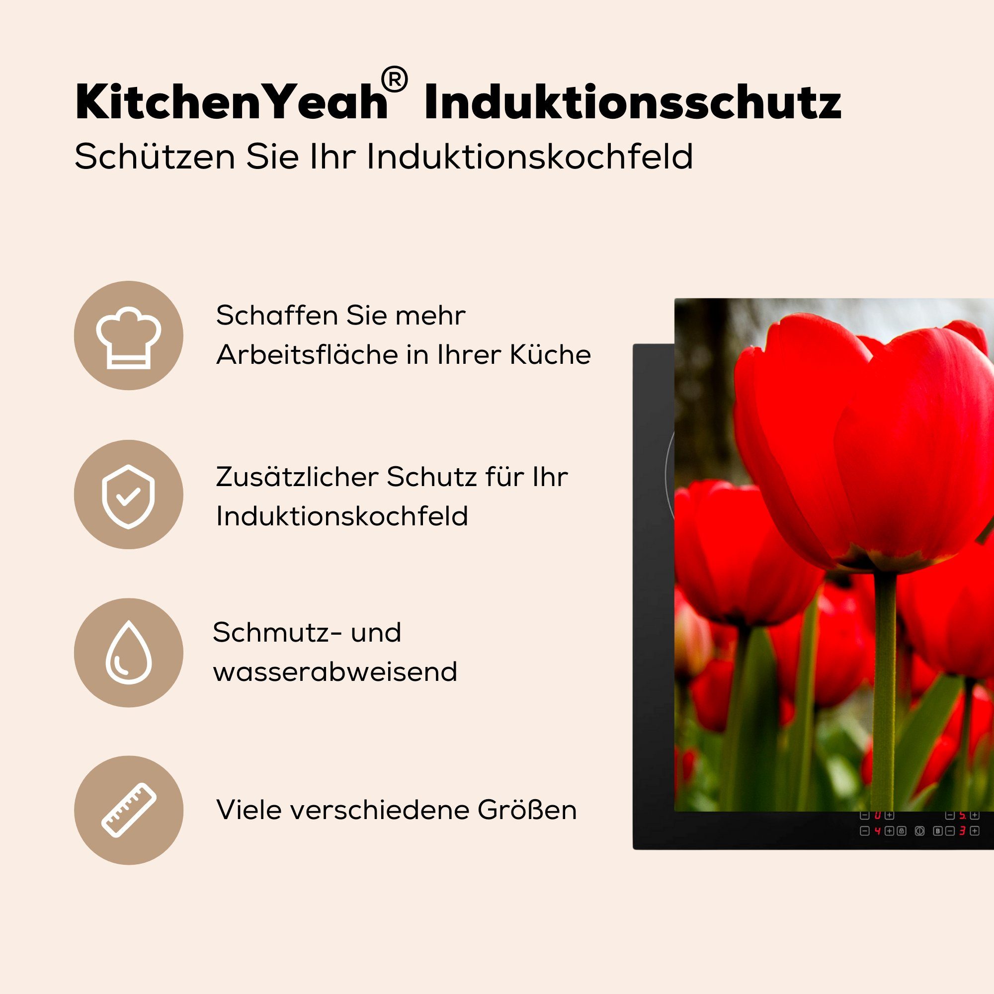 Herdblende-/Abdeckplatte Vinyl, tlg), Tulpen, für von cm, Ceranfeldabdeckung küche, roten Induktionskochfeld (1 MuchoWow Schutz 81x52 die Nahaufnahme
