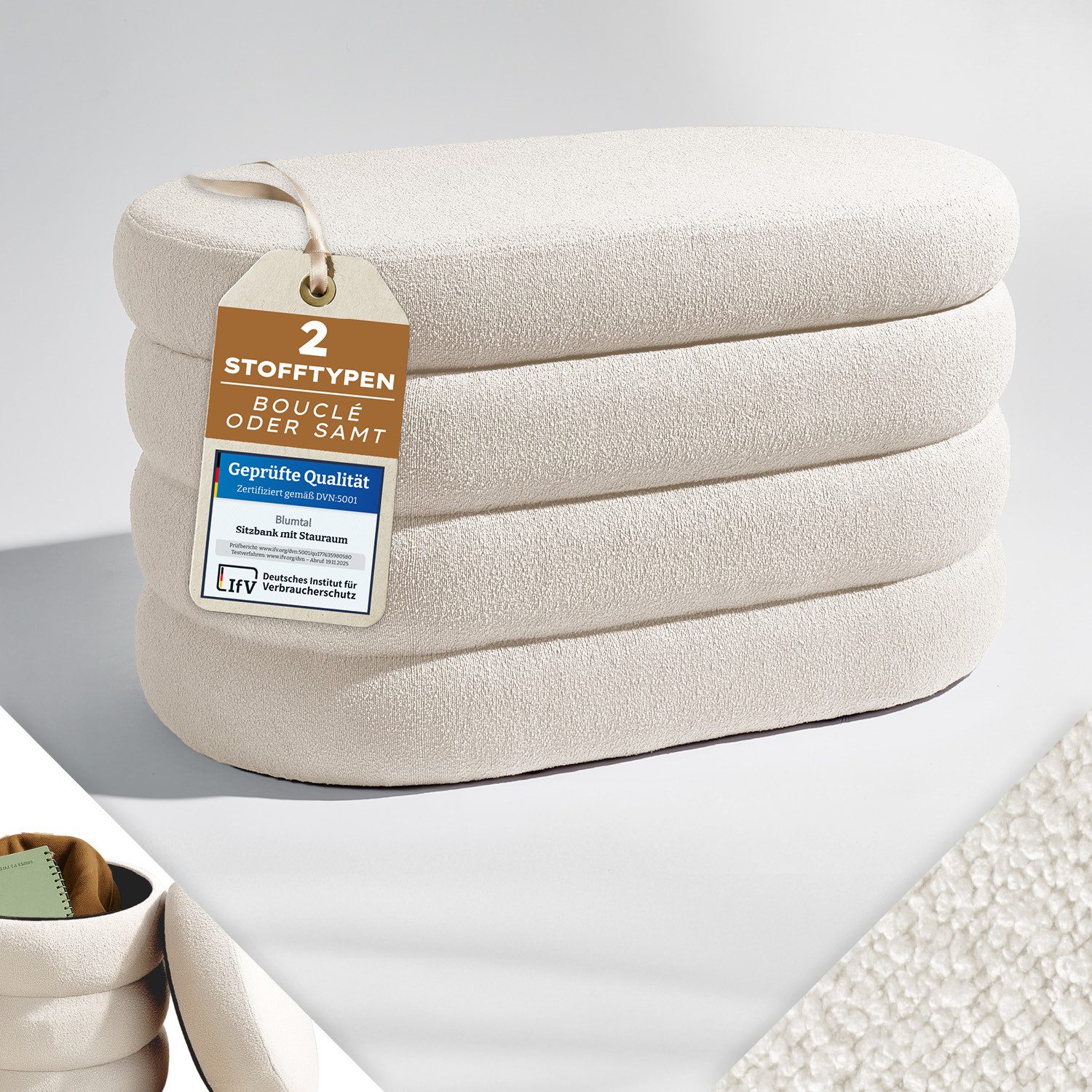 Blumtal Sitzhocker Hocker mit Stauraum mit Bouclé oder Velvet-Bezug, robuste Sitztruhe mit Stauraum und extrem Dickes MDF