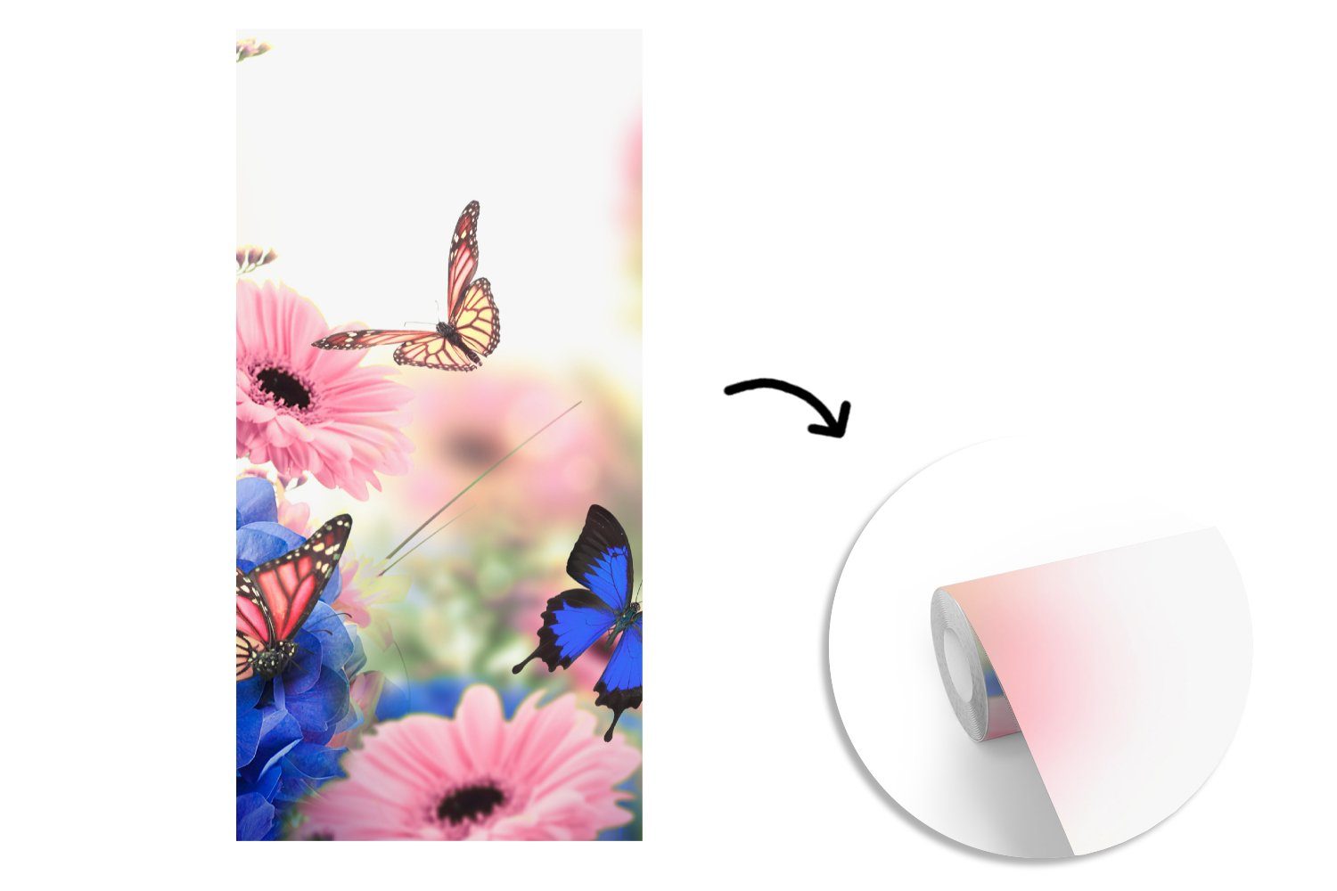 MuchoWow Fototapete Schmetterlinge - Wohnzimmer Fototapete Blumen bedruckt, Hortensien Schlafzimmer Matt, St), Vliestapete Küche, Insekten, - für (2 
