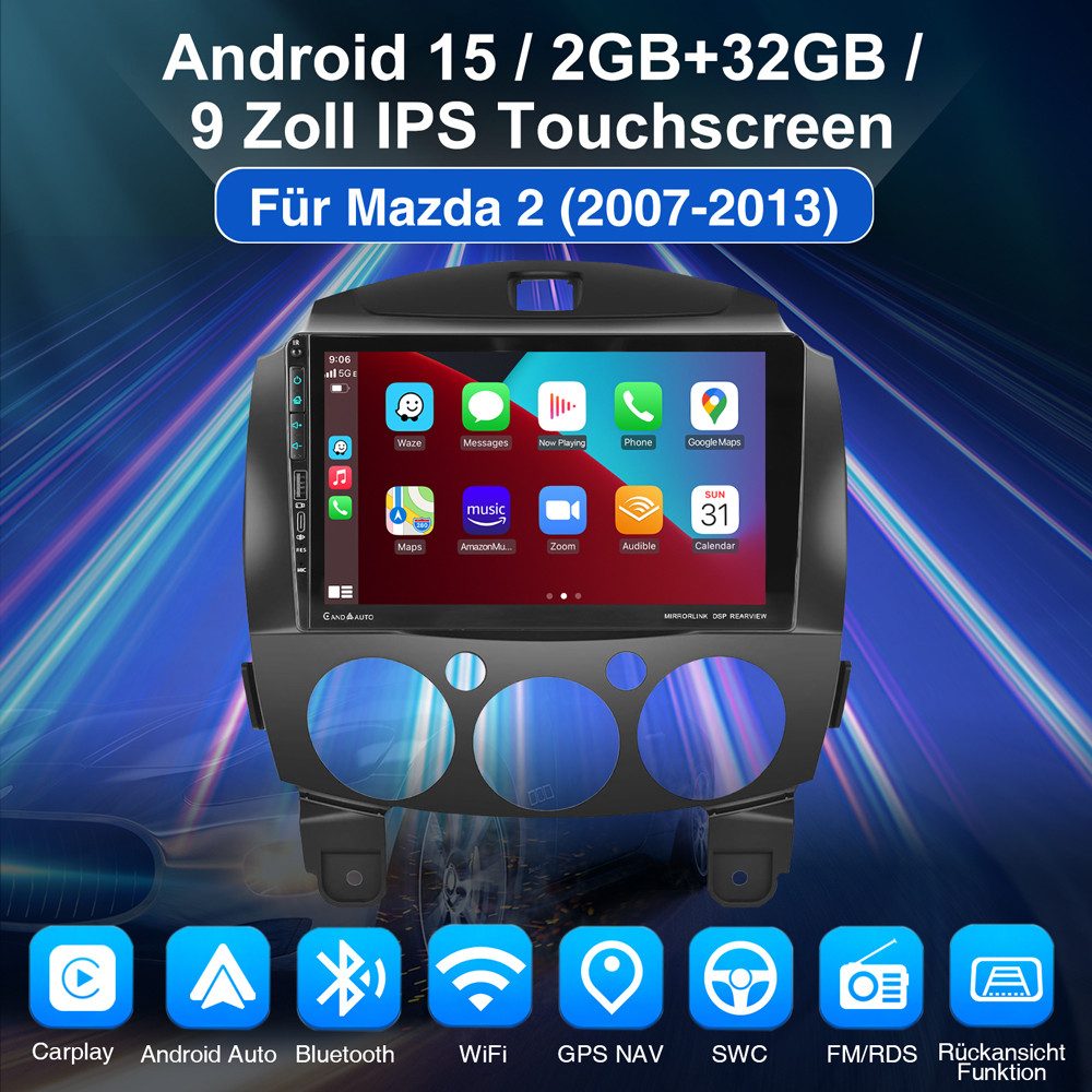 ESSGOO Für Mazda 2 2007-2013 Carplay Navi USB Type-C 4+64G Autoradio (RDS, Digitalradio (DAB), FM, AM, Carplay Android Auto GPS Navi WIFI BT USB)