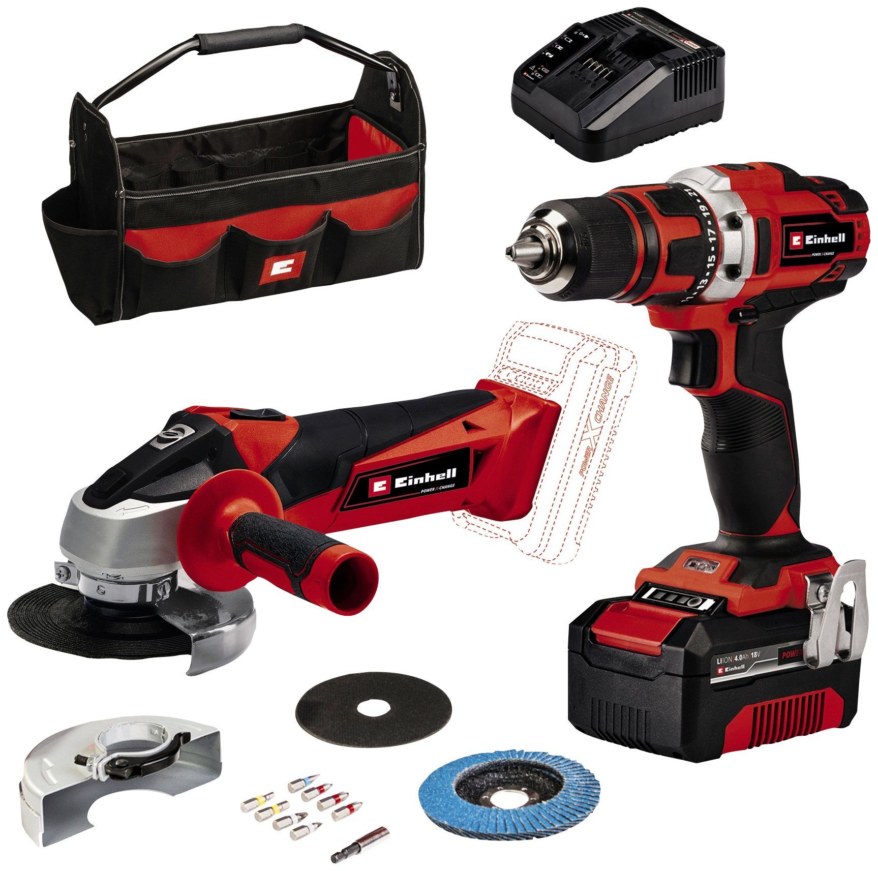 Einhell Elektrowerkzeug-Set TE-TK 18/2 Li Kit (CD+AG), inkl. Akku-Bohrschrauber, Akku-Winkelschleifer, Akku und Ladegerät