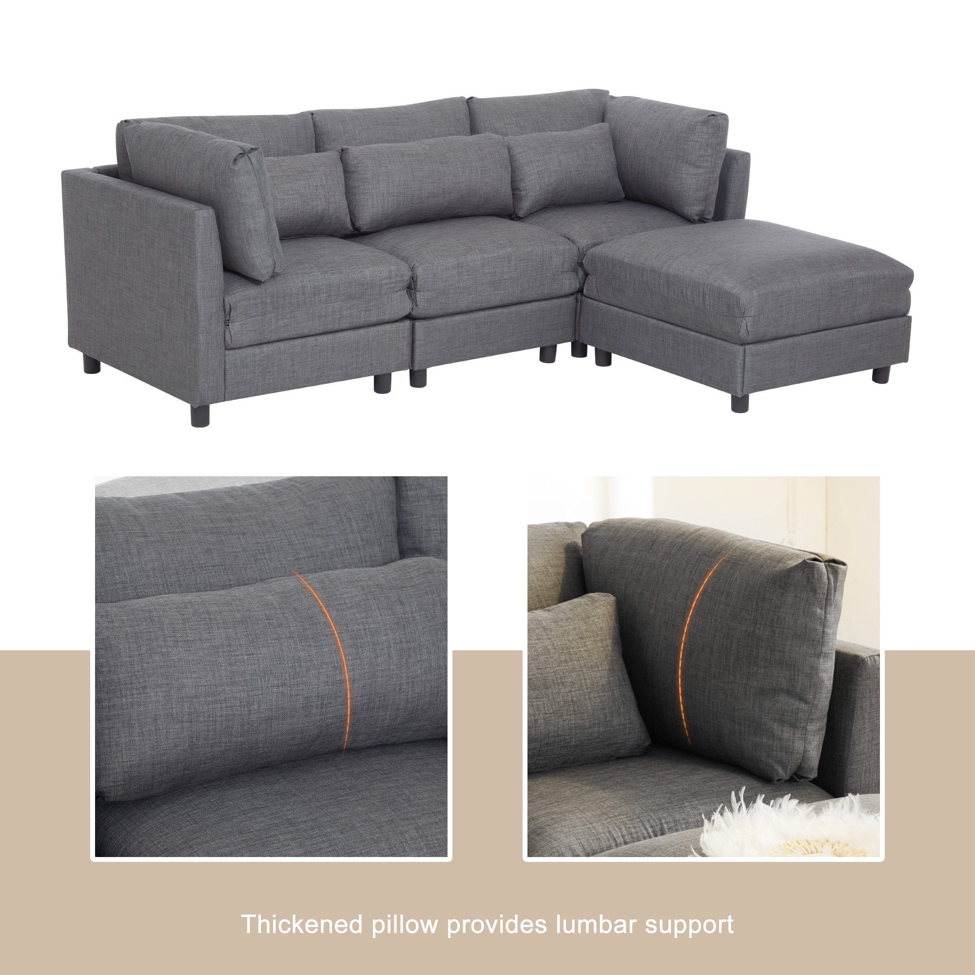 Ecksofa Fußhocker Grau mit Schlaffunktion,3-Sitzer-Sofa,Wohnzimmersofa, Ulife Sofa mit