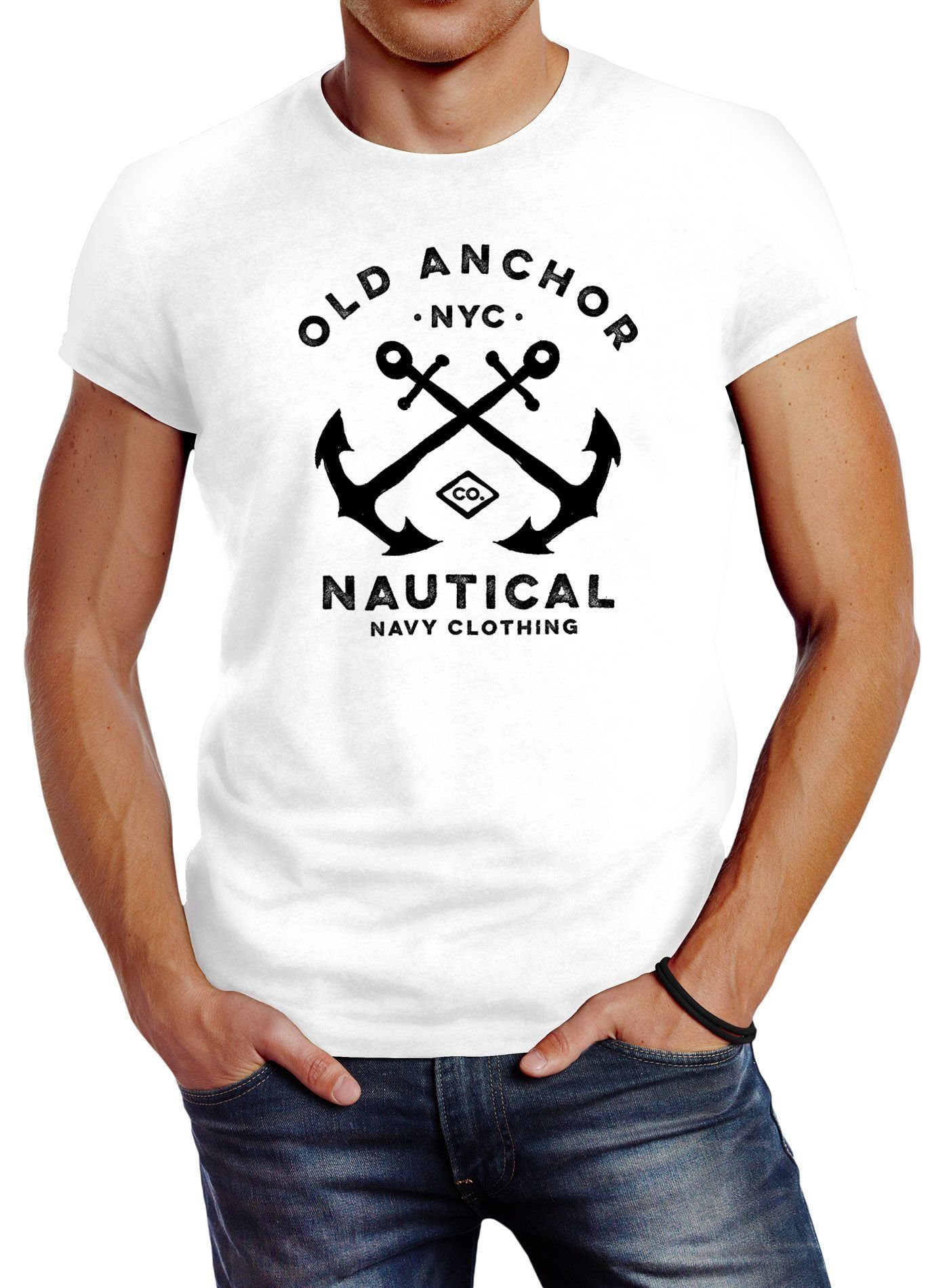 Neverless Print-Shirt Herren T-Shirt gekreuzte Anker Old Anchor Nautical Neverless® mit Print weiß