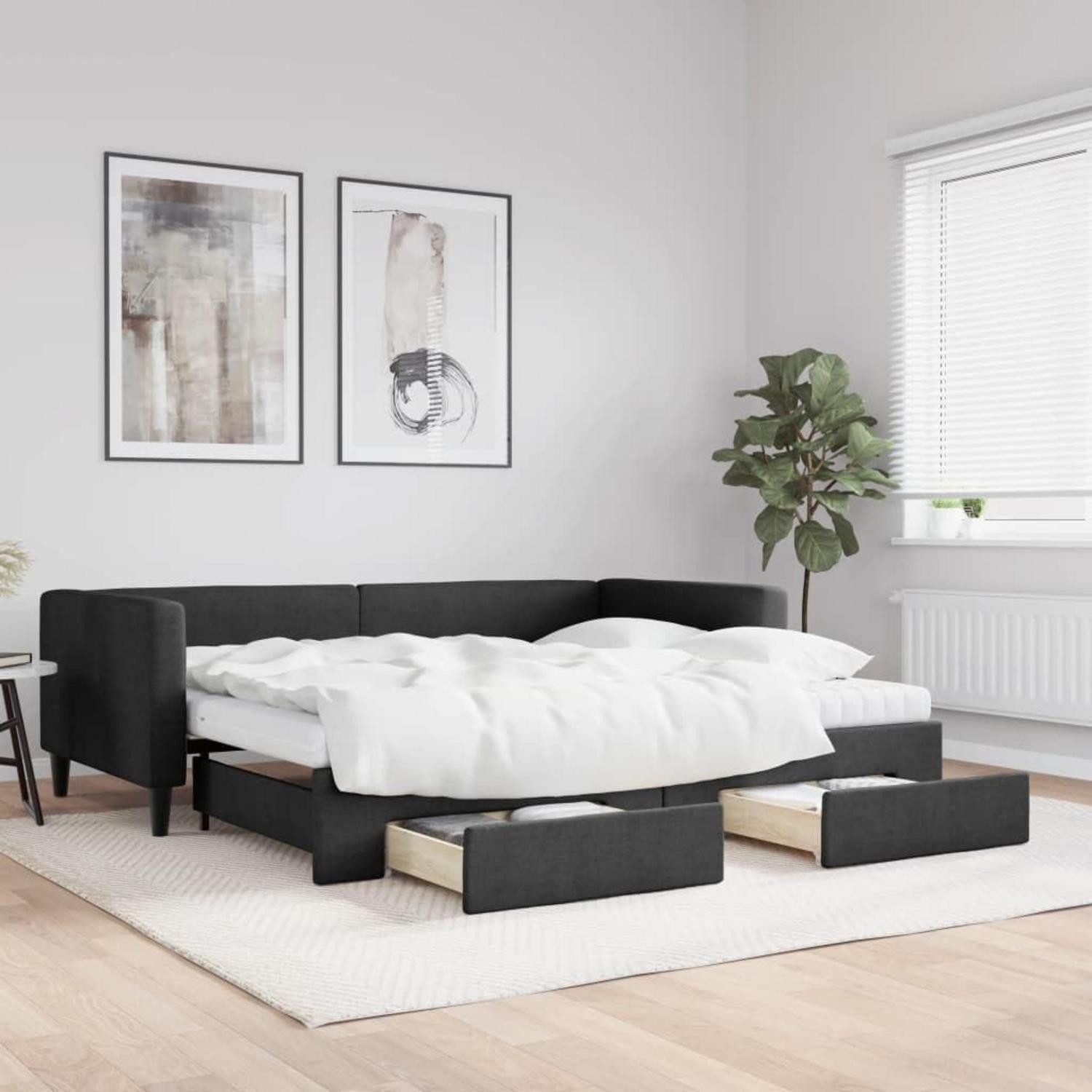 LuxusKollektion Schlafsofa Sofabett 90 x 200 mit Bettkasten & Schublade & Matratze Schwarz