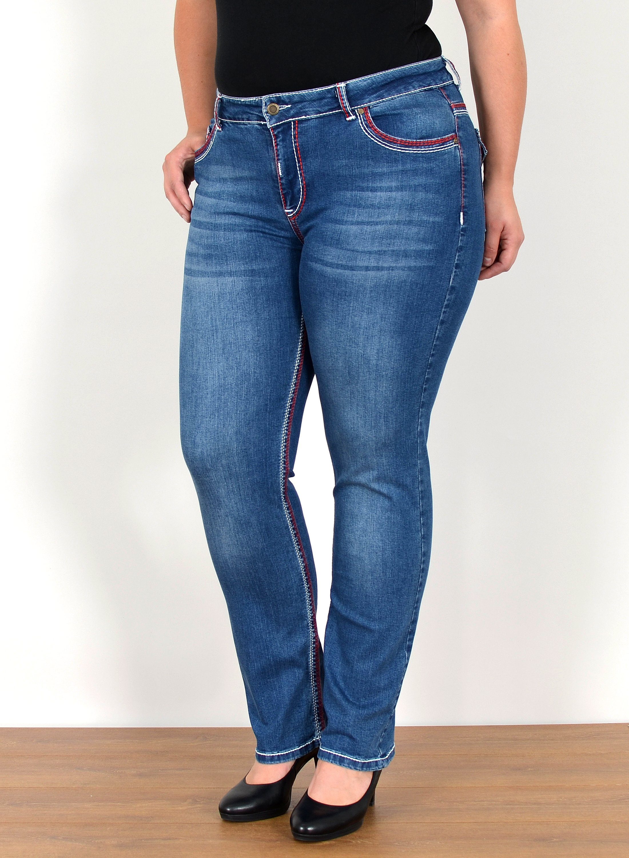 ESRA Straight-Jeans FG12 Straight Fit Jeans Damen High Waist Hose Kontrastnähte bis Plus Size, Straight Jeans Hose Stretch hohe Leibhöhe dicke Naht bis Große Größe, Gerade Schnitt Jeanshose Hoch Bund weiße Naht rote Naht bis Übergröße, Regular Jeans High Waist Hose Damen Jeans Straight mit dicken Nähten, Jeans Damen Jeans Hose Damen Hose, High Waist Jeans Damen High Waist, Damen Jeans Straight Damen Hose Dunkelblau