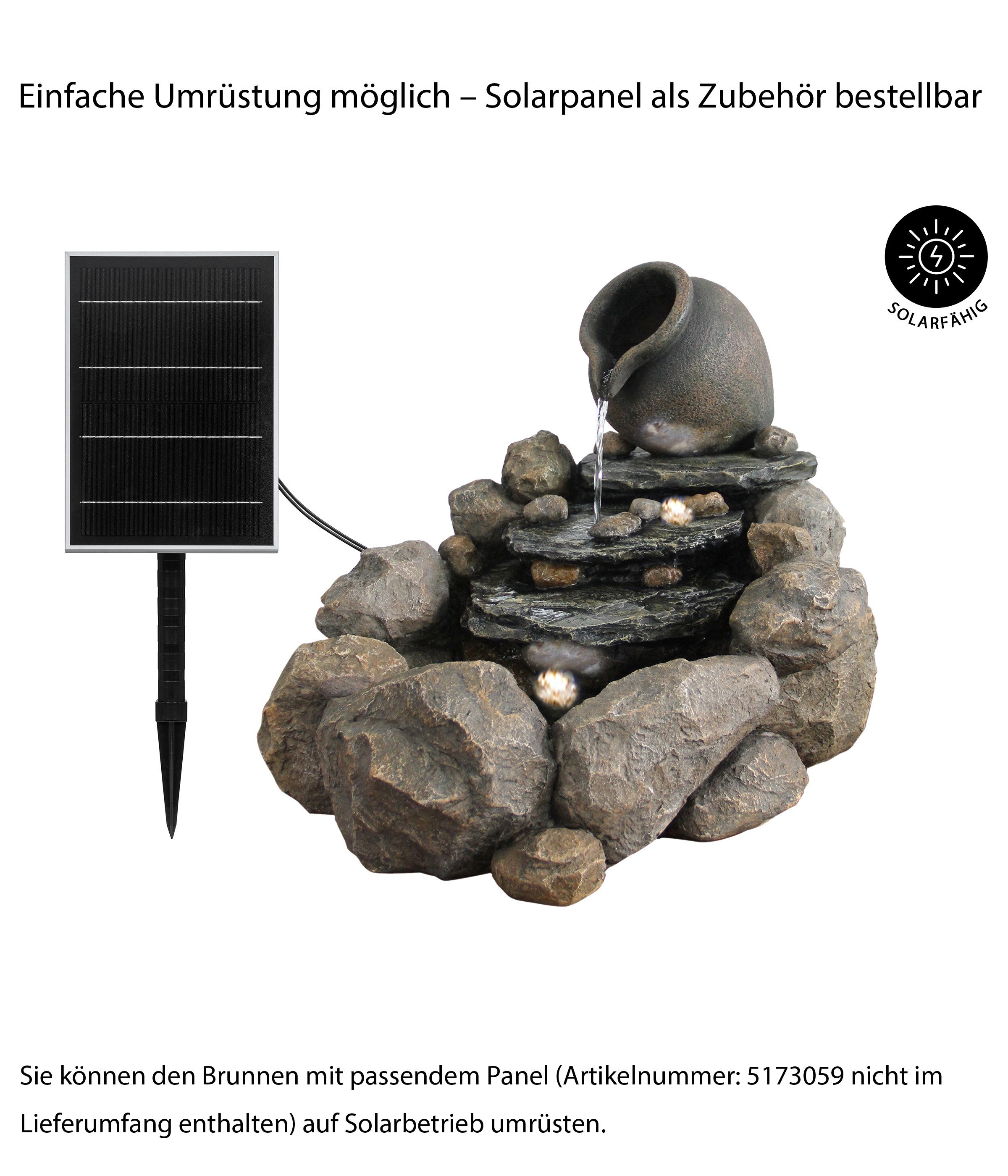 Dehner Gartenbrunnen Soltero, mit warmweißer LED-Beleuchtung, 69 x 54 x 57.8 cm, Polyresin, Outdoor-Brunnen in Steinoptik, im Komplettset inkl. Pumpe und Trafo