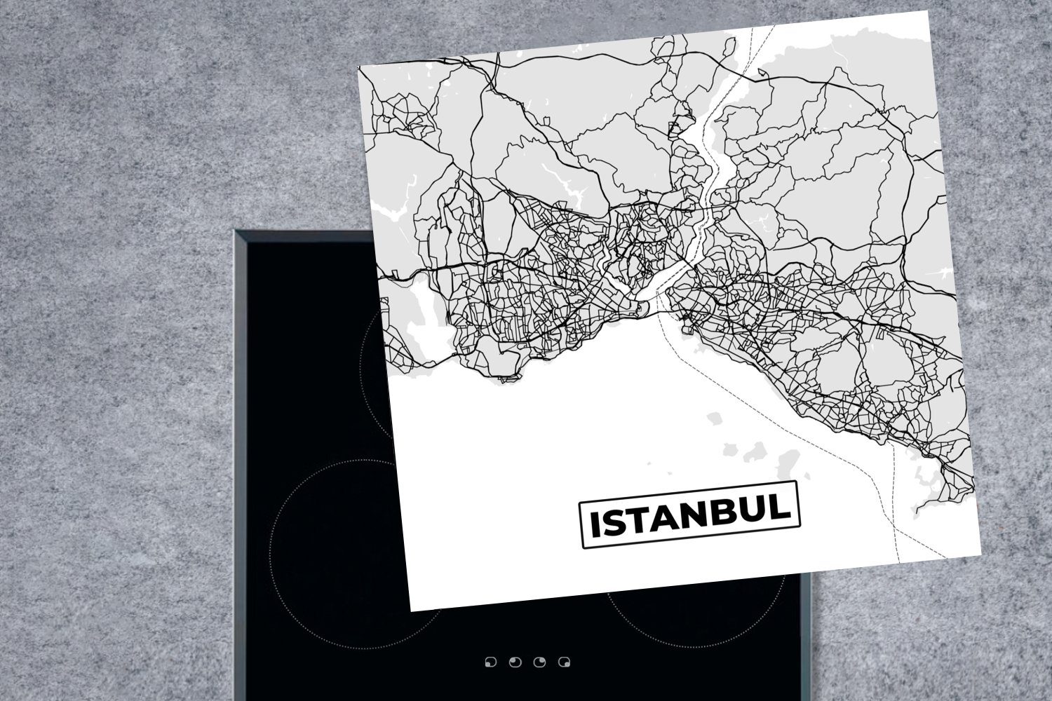 Karte (1 - - Herdblende-/Abdeckplatte 78x78 cm, küche Karte, Schwarz-weiß Vinyl, tlg), - Ceranfeldabdeckung, Arbeitsplatte - für Istanbul Stadtplan MuchoWow