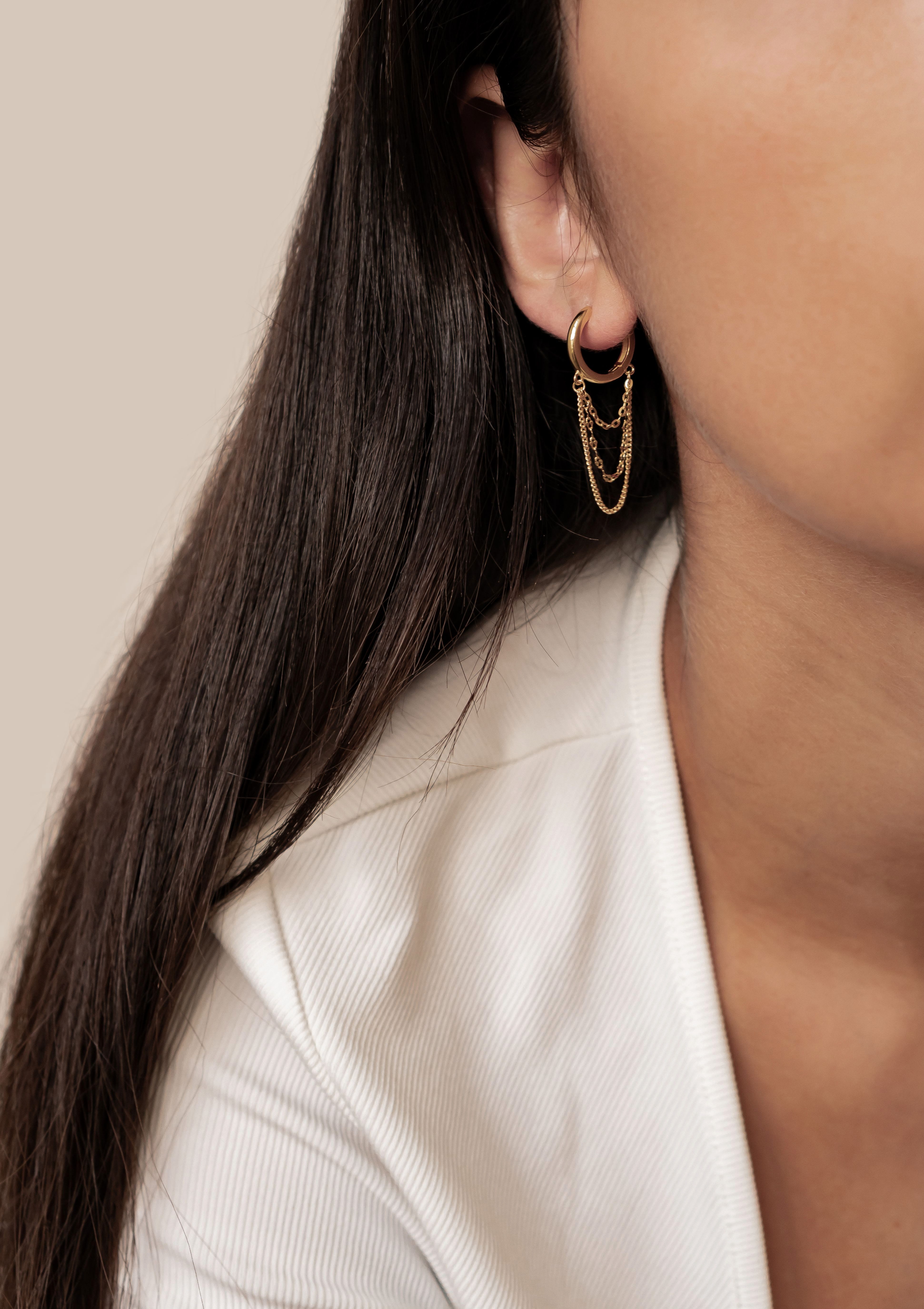Hey Happiness Paar Ohrhänger Dreifache Kette & Creole, Moderne Damen Creolen 925 Silber, vergoldet