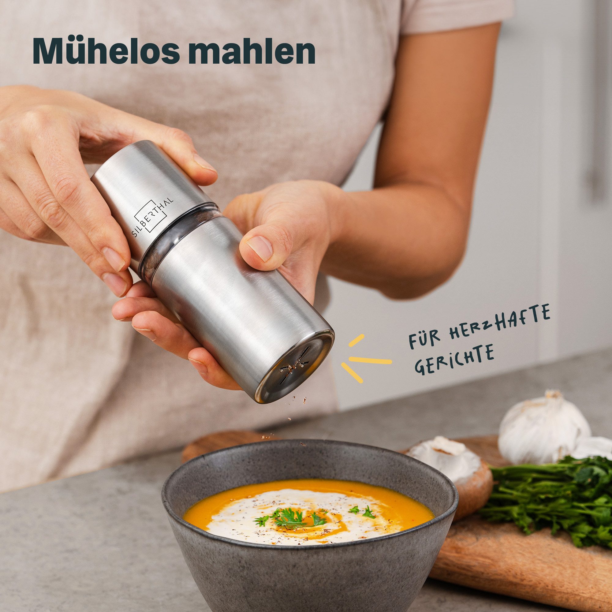SILBERTHAL Muskatmühle manuell, Edelstahl, inklusive Behälter für bis zu 4 Nüsse